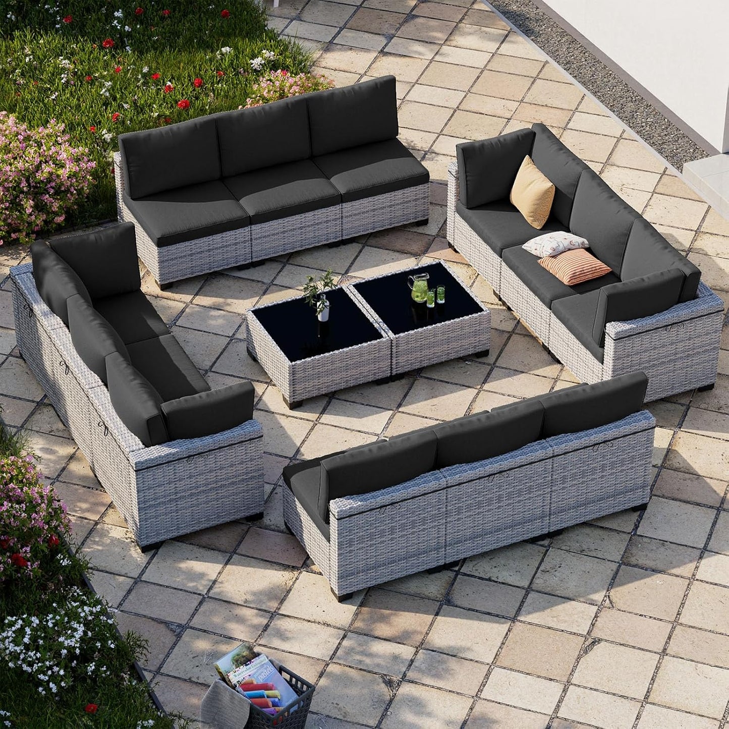 14-Piece Patio Furniture Set, Outdoor Sectional with Thick Cushions, Modular Patio Sofa, Dual-Strand Wicker Rattan, Rust-Resistant Frame, Backyard Furniture for Garden, Deck, Black