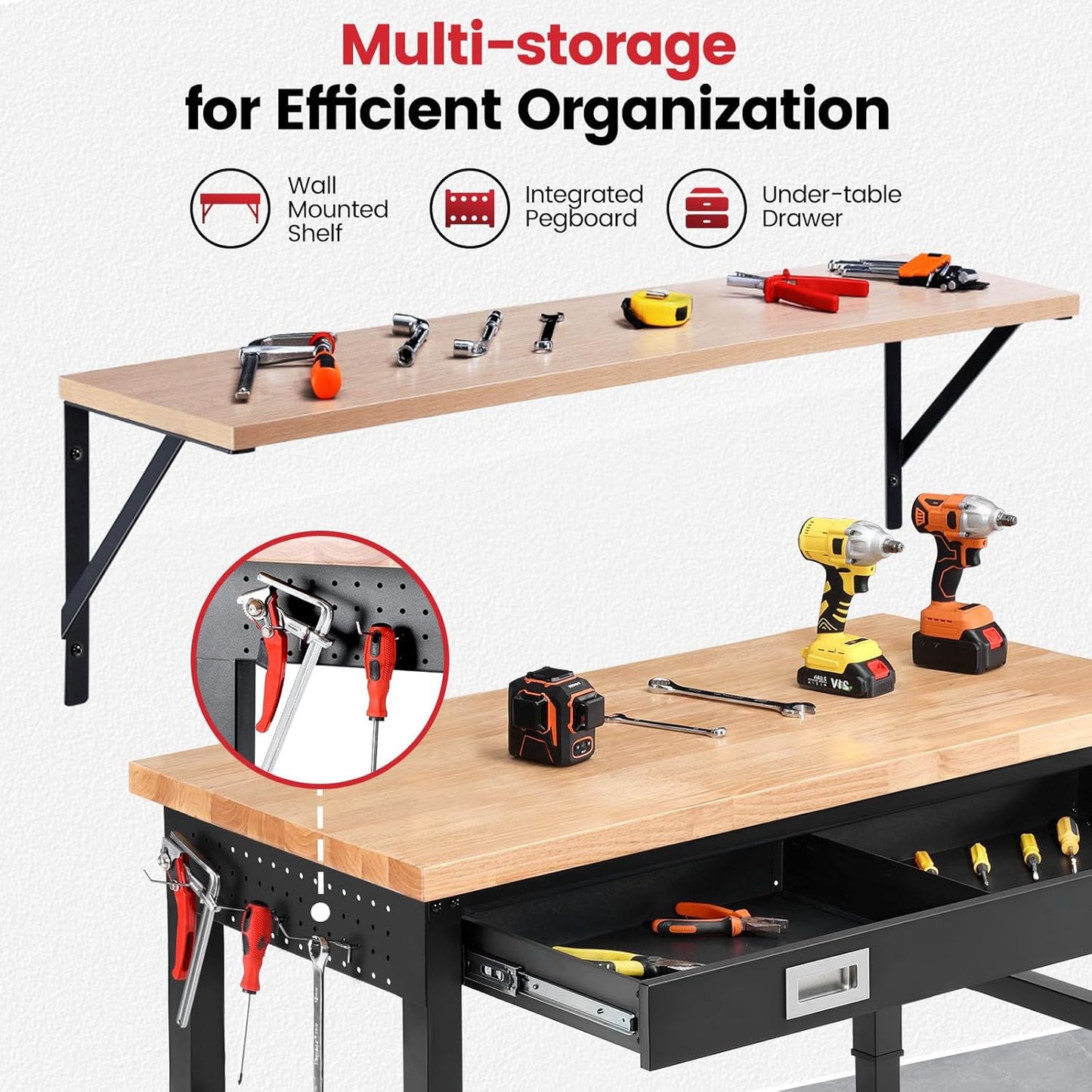 Workbench with Shelf Bracket 48 Inch Adjustable Height Work Bench for Garage Heavy Duty Rubberwood Tabletop Work Table with Drawer, Power Outlets for Woodworking, Home, Office, Workshop