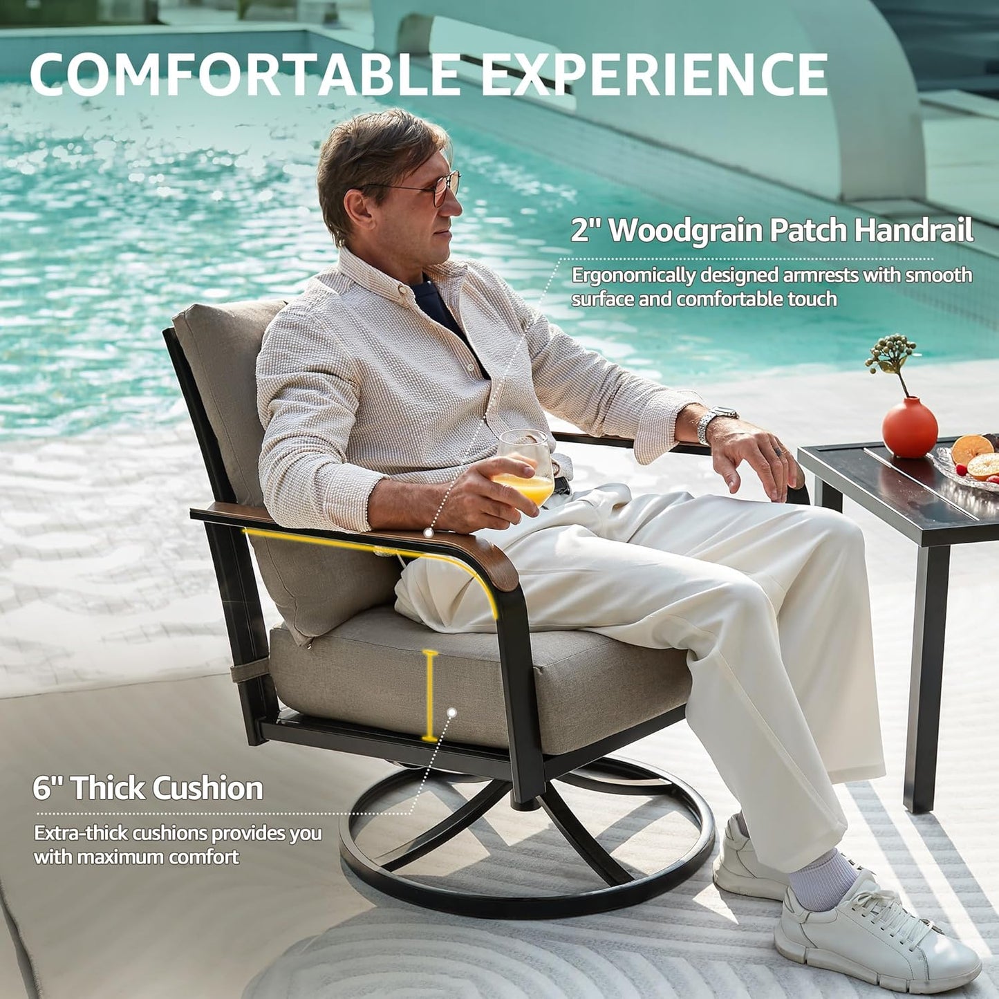 NATURAL EXPRESSIONS Outdoor Bistro Set, 3 Piece Swivel Glider Rocking Chairs Patio Conversation Furniture Set with 2 Rockers, 1 Metal Table and 6" Thick Cushions for Backyard, Porch, Balcony, 350lbs.