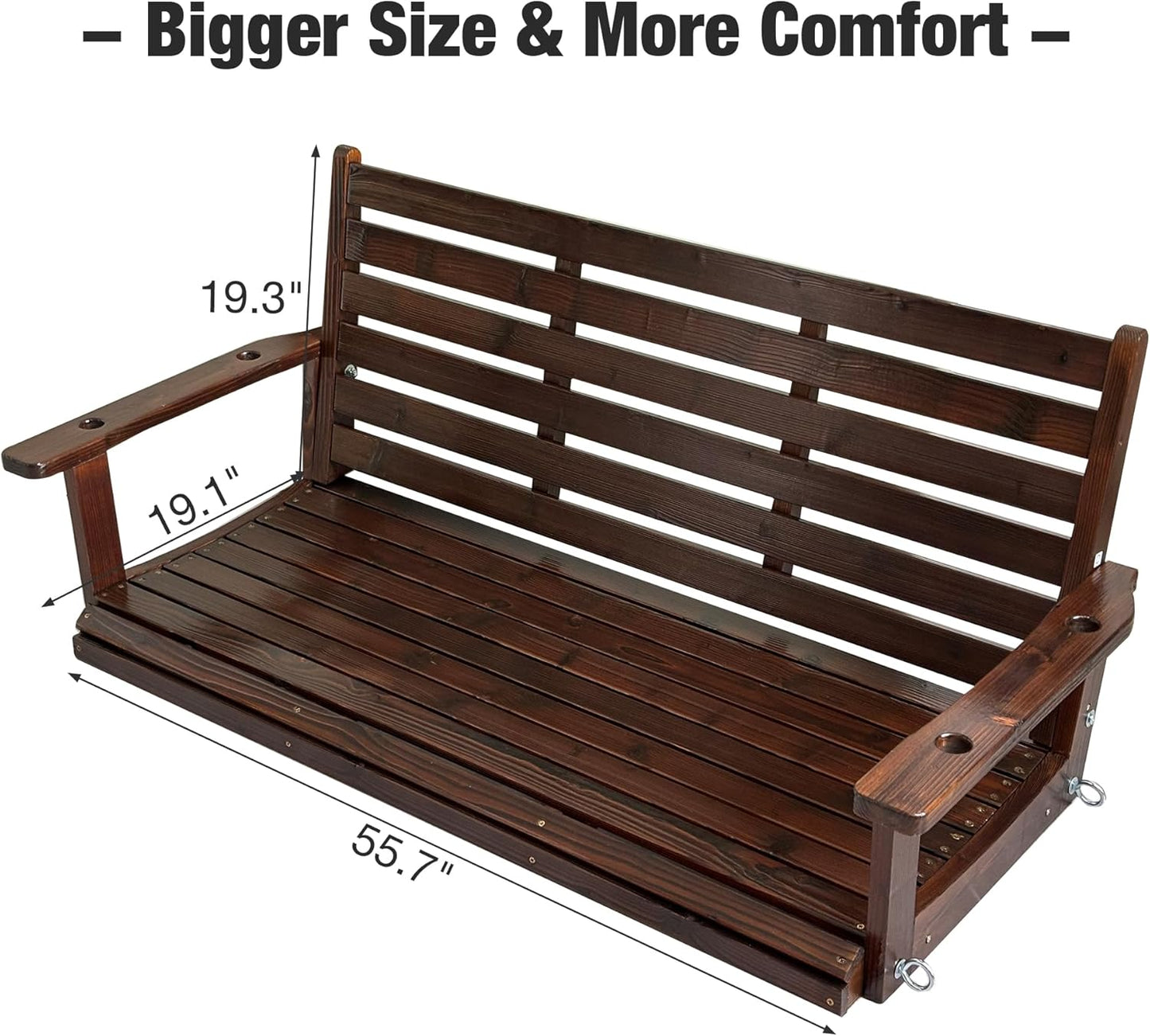 Wooden Porch Swing, Ergonomic Seat, Bench Swing with Hanging Chains and 7mm Springs, Heavy Duty 880 LBS, for Outdoor Patio Garden Yard (Dark Brown, 2-Seater Extra Large)