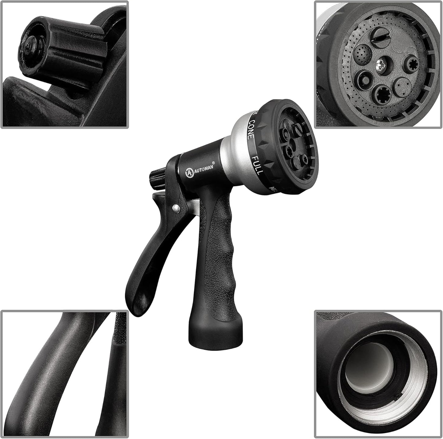 AUTOMAN-Garden-Hose-Nozzle, ABS Water Spray Nozzle, 7 Adjustable Watering Patterns, Slip Resistant for Watering Plants, Lawn& Garden, Washing Cars, Cleaning, Showering Pets & Outdoor Fun.Silver Color