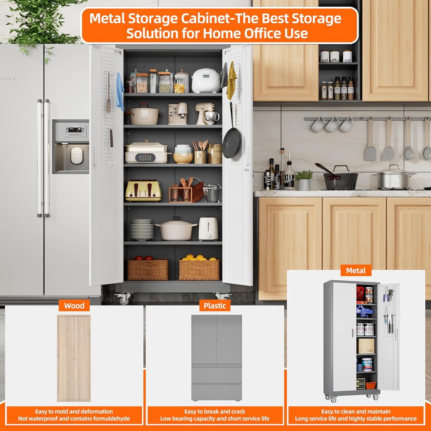 Aobabo 71" H x 32" W x 16" D Metal Storage Cabinet with Wheels, Garage Steel Storage Cabinet with 5 Adjustable Shelves and 4 Hooks for Home Office School, Assembly Required, Grey White