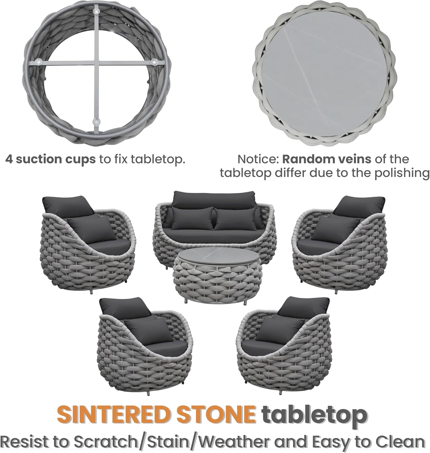 Aluminum Outdoor Patio Furniture Set: 6 Pieces Porch Rope Conversation Sofa Set - Modern Woven Deck Couch Set Cushioned - No Assembly All Weather Seating for 660lbs Yard Garden Lanai Hotel Pool