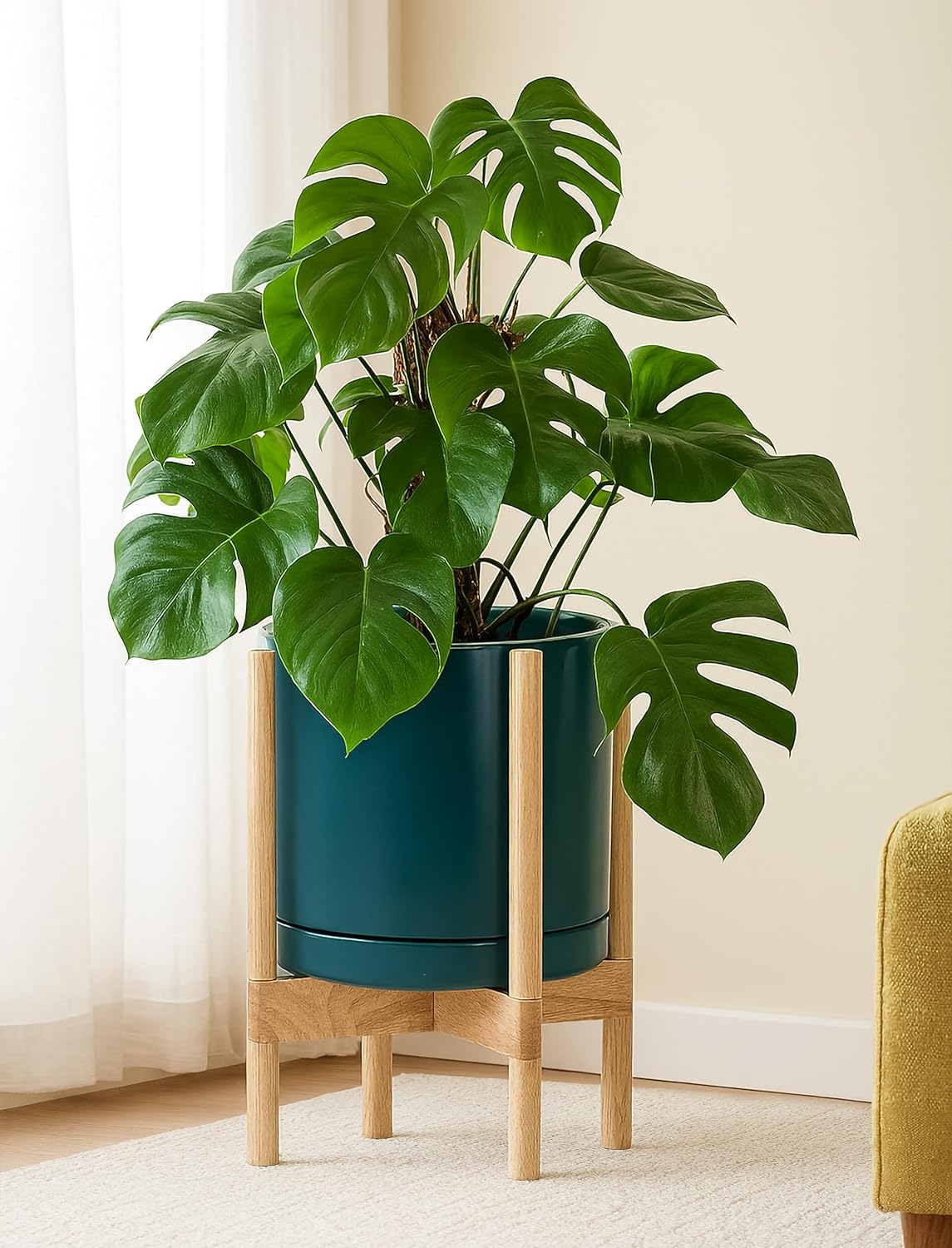 D'vine Dev Ceramic Planter with Natural Stand - 12 Inch Modern Round Flower Pot with Wood Planter Holder, Teal, 55-B-J-4