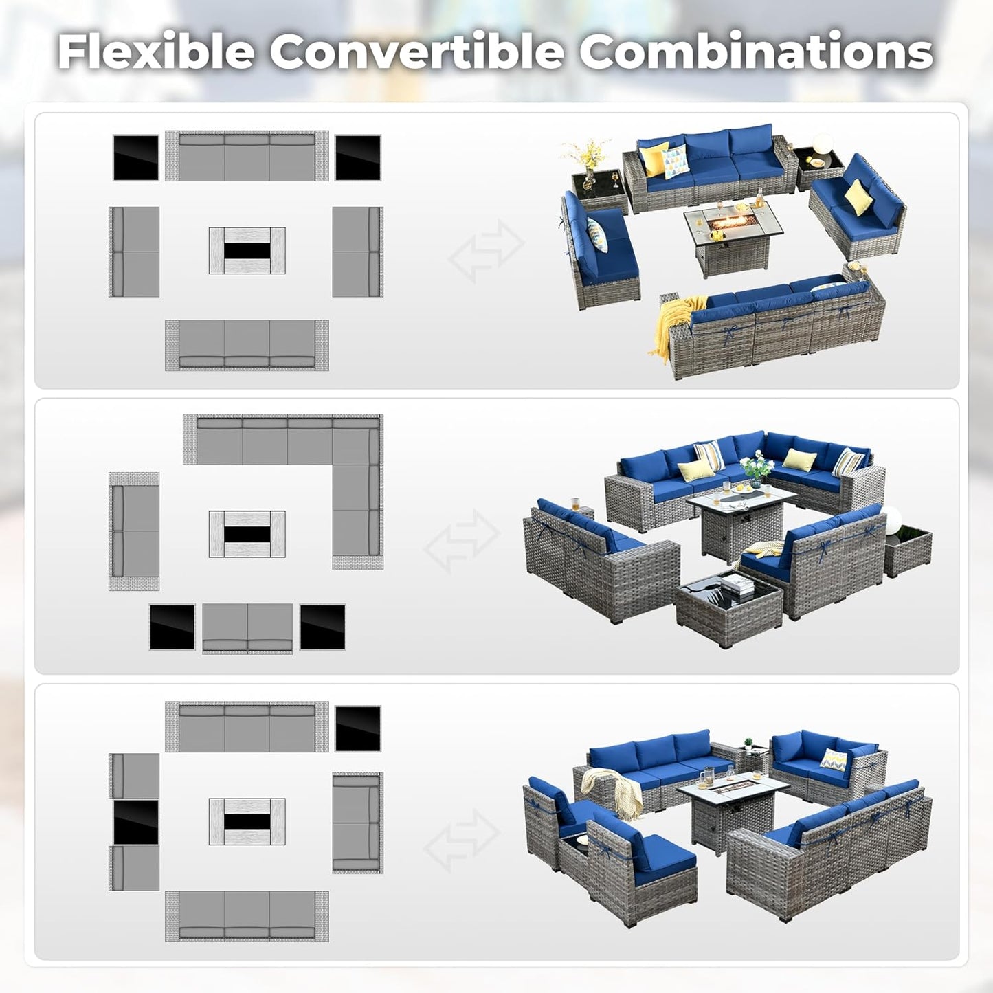 ovios 13 Pieces Patio Furniture Set, Outdoor Wicker Sectional Sofa with 42 Inch Fire Pit Table Comfy Cushions, Modern Modular Deep Seat Rattan Couch Conversation Set, Navy Blue