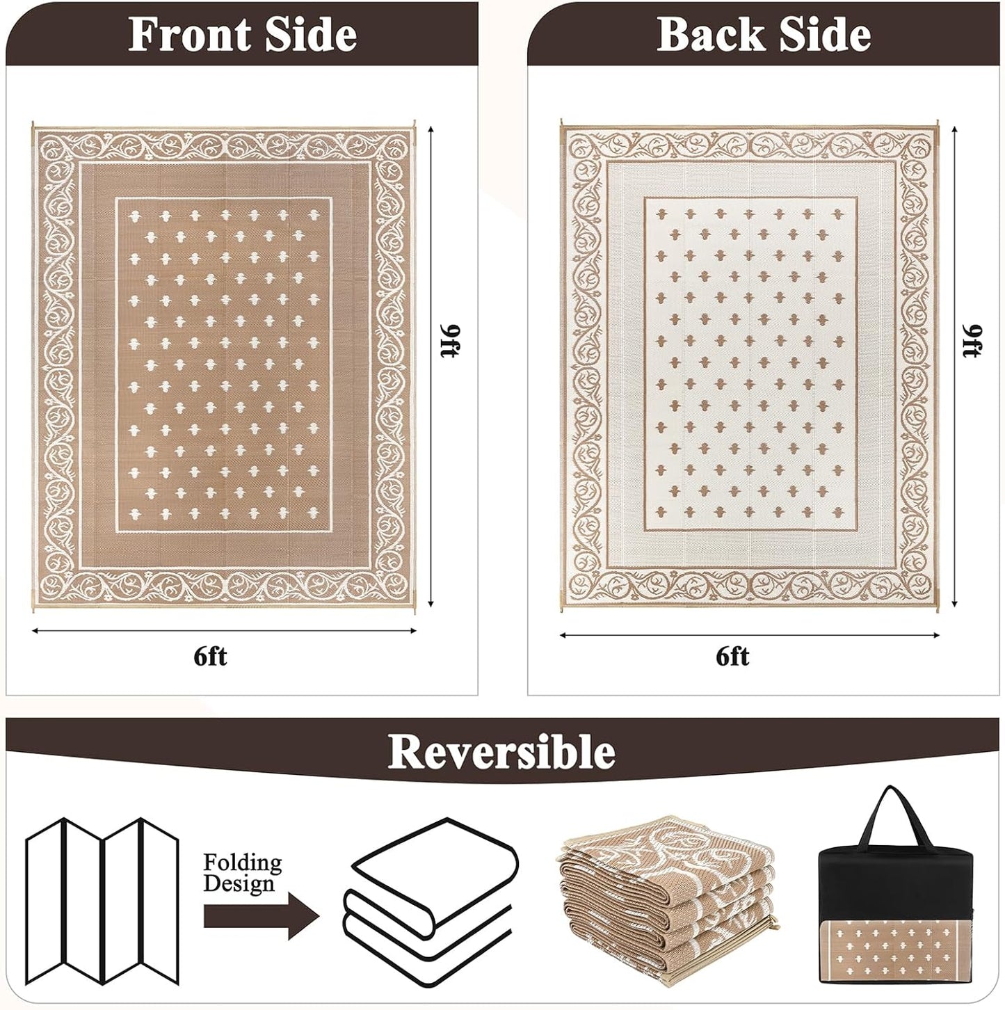 Pauwer Waterproof Outdoor Rug 6x9, Reversible Plastic Straw Patio Camping Rug, Indoor Outdoor RV Mat Carpet for Deck, Camper, Porch, Balcony, Backyard, Picnic, Bordered Beige