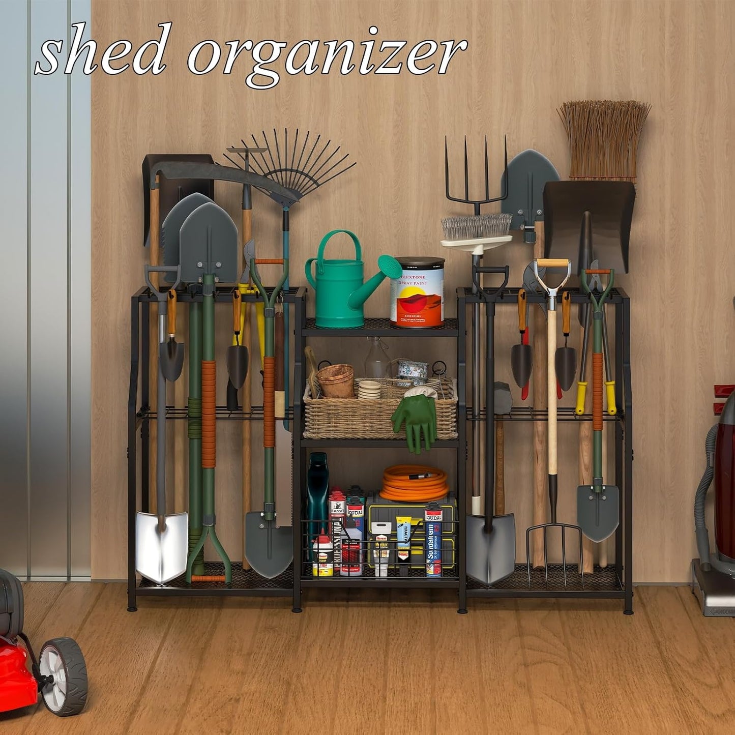 keomaisyto Garden Tool Organizer, Heavy Duty Yard Tool Tower Rack for Garage Organization and Storage, 3 Tier Utility Garden Tool Rack with hooks for Garden/Shed/Garage/Yard/Basement/Lawn