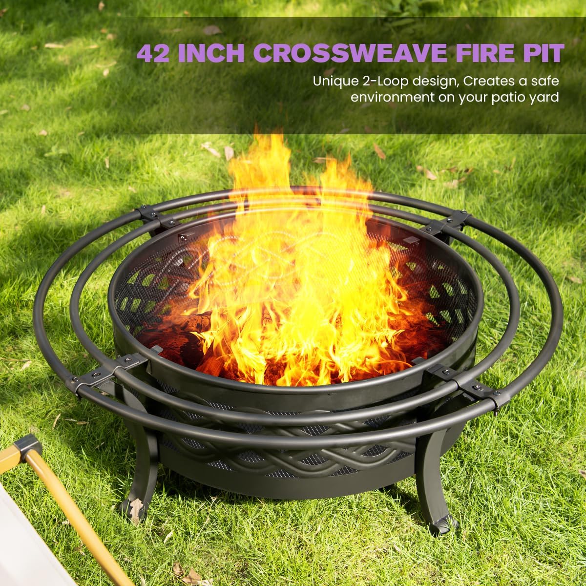 42 Inch Outdoor Fire Pit with 2 Loops,Crossweave Wood Burning Fire Pits for Outside,with Spark Screen,Fire Poker,Round Metal Firepit for Patio,Backyard,Beach,Camping,Bonfire(42''Black)