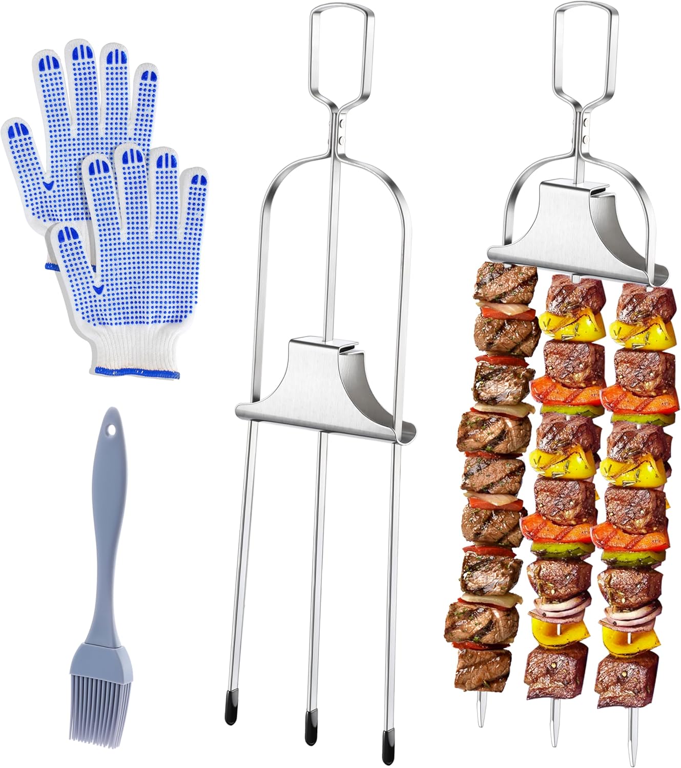 2PCS Kabob Skewers for Grilling, 14'' Stainless Steel Kebab Skewers, 3 Prong Metal Grill Skewer with Push Bar Slider, Skewer Sticks for Meat Veggies Marshmallows Fruits, BBQ Barbecue Accessories