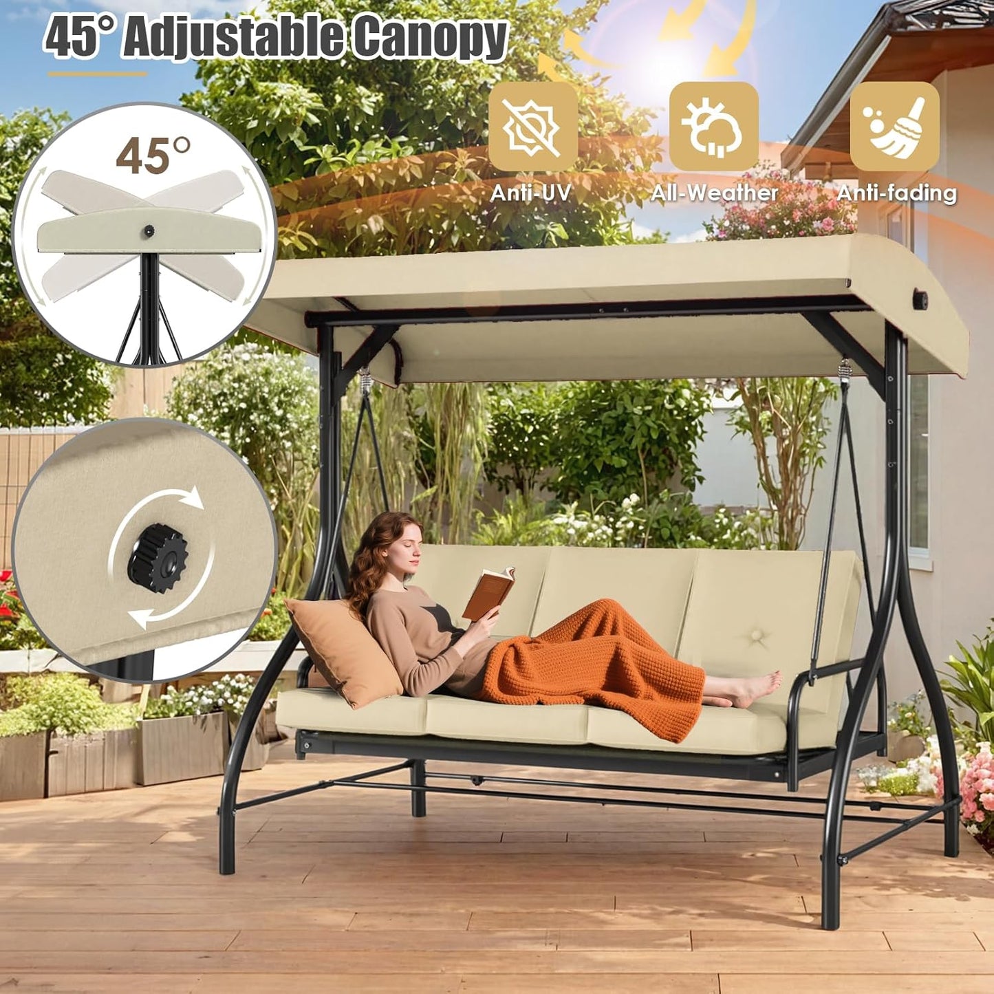 MAMIZO 3-Seat Patio Swing with Adjustable Canopy & Backrest, Outdoor Porch Swing Chair for Adults, Outside Porch Converting Bed Thickened Removable Cushions, 2mm Steel Pipe, for Garden, 750LBS (Beige)