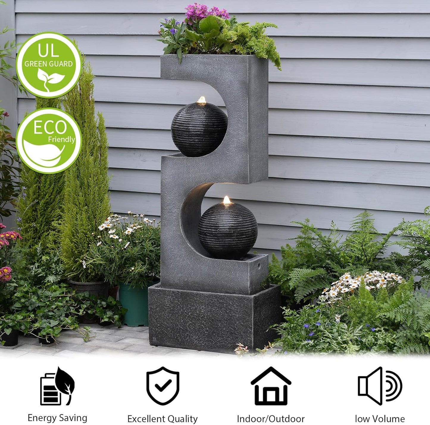 46''H Outdoor Water Fountain with LED Light, Modern Sphere Floor Waterfalls Fountains Indoor for Garden Patio Yard Deck Home Decor Lawn Porch House