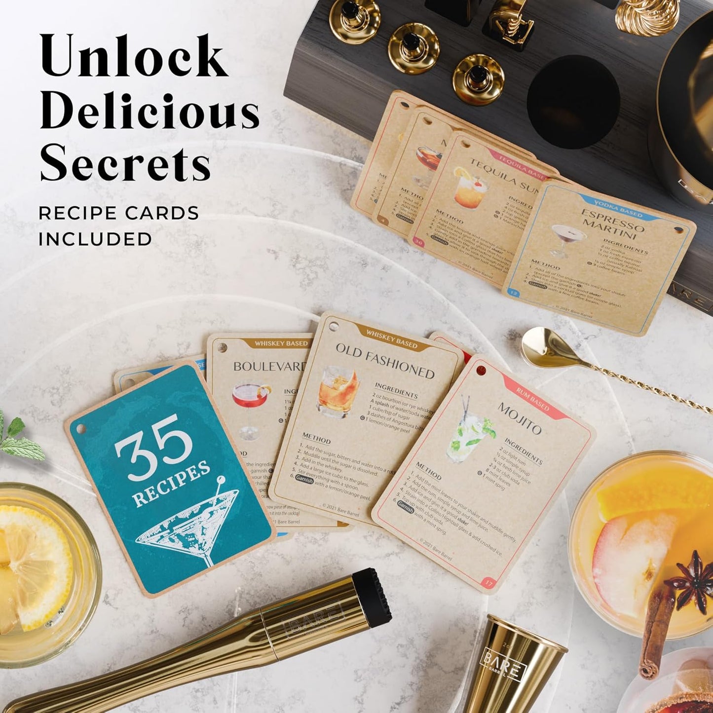 BARE BARREL® Mixology Bartender Kit Bar Set | 14-Piece Cocktail Shaker Set | Martini Barware Mixing Tools for Home Bartending | Incl. 35 Recipe Cards | Gift Set (28oz Boston Shaker, Gold/Black)