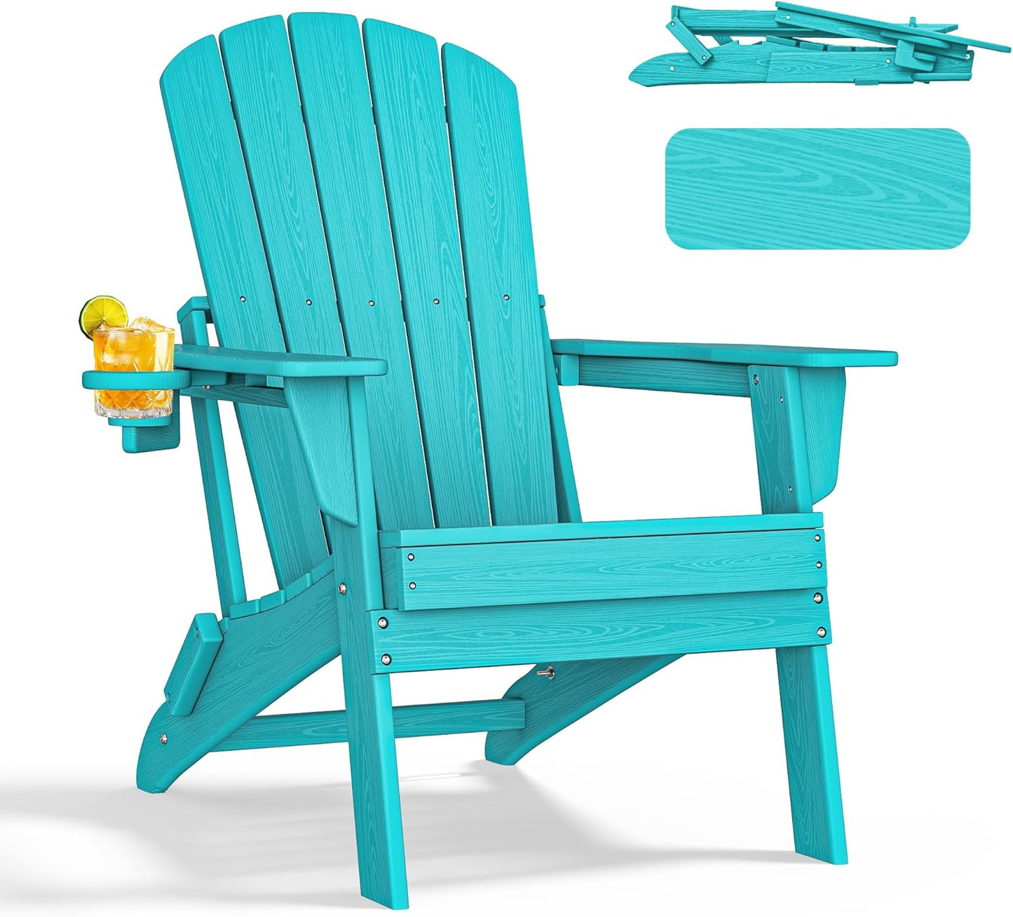 Folding Adirondack Chair - Extended Ergonomic Backrest, Cup Holder - Easy Assembly - Durable HDPE Plastic, Weather Resistant & Maintenance-Free - Lawn, Patio, Deck Supports 400lbs Aruba