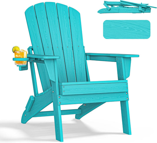 Folding Adirondack Chair - Extended Ergonomic Backrest, Cup Holder - Easy Assembly - Durable HDPE Plastic, Weather Resistant & Maintenance-Free - Lawn, Patio, Deck Supports 400lbs Aruba