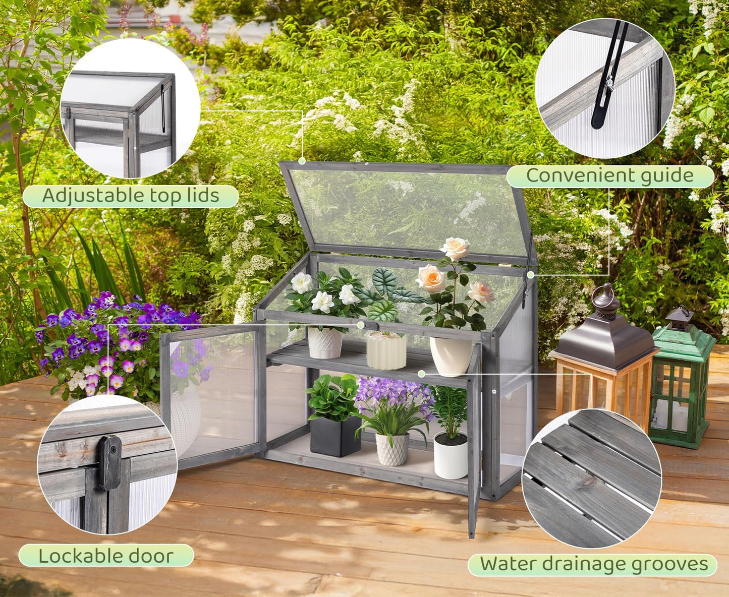 VINGLI Cold Frame Greenhouse, Mini Wooden Green House with Flip-Top Roof, Raised Flower Planter Shelf, Small Lockable Wood Cabinet for Plants Indoor Outdoor (Grey, 35.43" x 14.37" x 27.36")