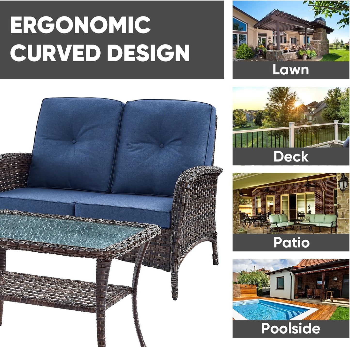 HUMMUH Outdoor Loveseat Sofa 2-Seat PE Wicker Outdoor Couch with Coffee Table,Deep Seat High Back Outdoor Patio Furniture for Patio,Garden,Porch,Deck(Blue)