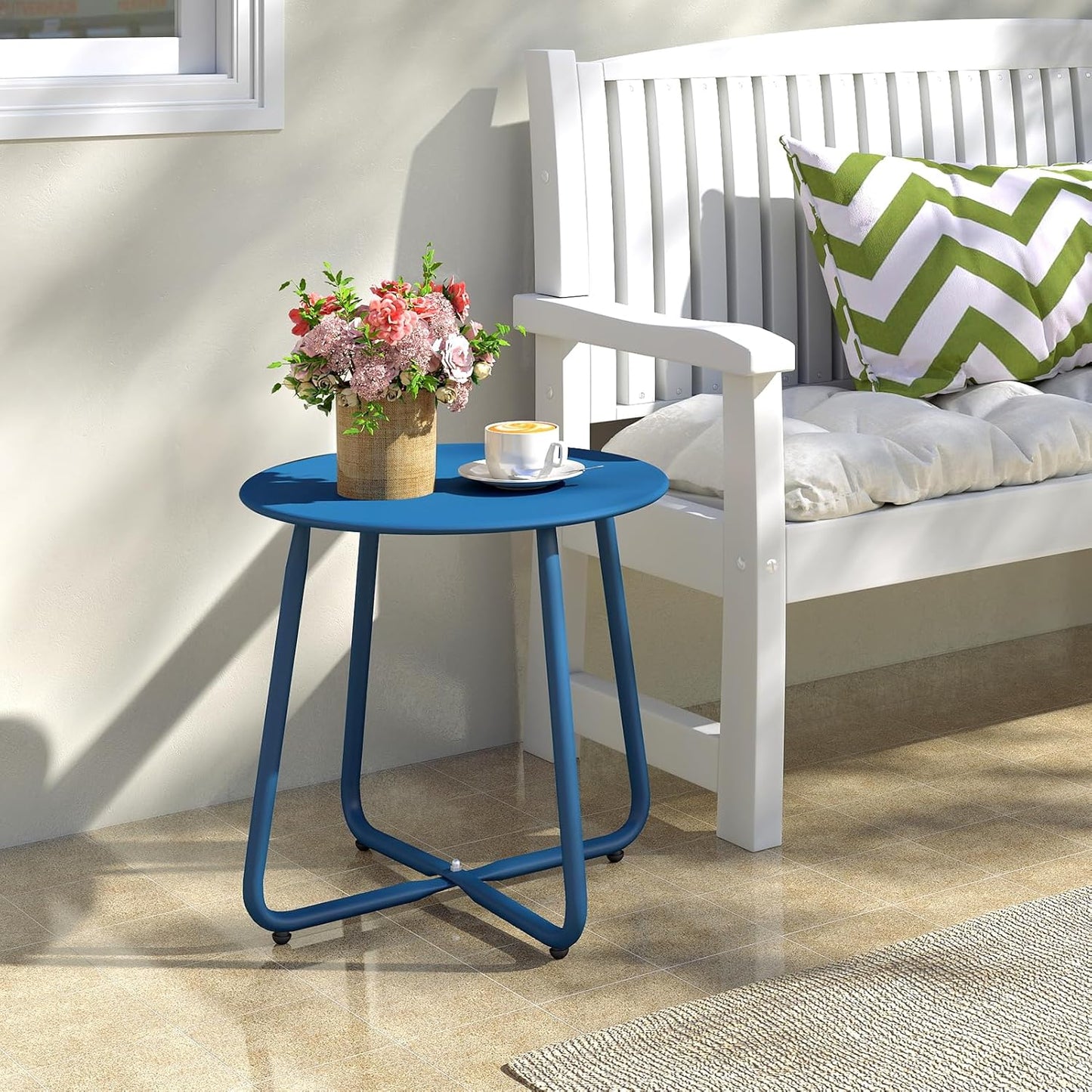 HollyHOME Round Metal Side Table, Rust-Resistant Patio Small Plant Stand, Outdoor 17.32'' Portable End Table for Balconies, Gardens, Living Rooms and Bedrooms, Navy Blue