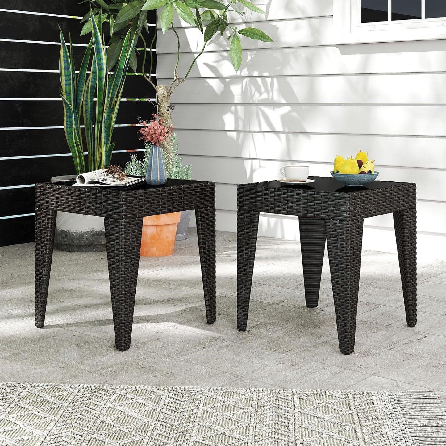 Outdoor Small Patio Table - PE Rattan Coffee Table, Wicker Side Table for Patio, Balcony & Porch, Durable & Iron Frame (2, Rattan Black)