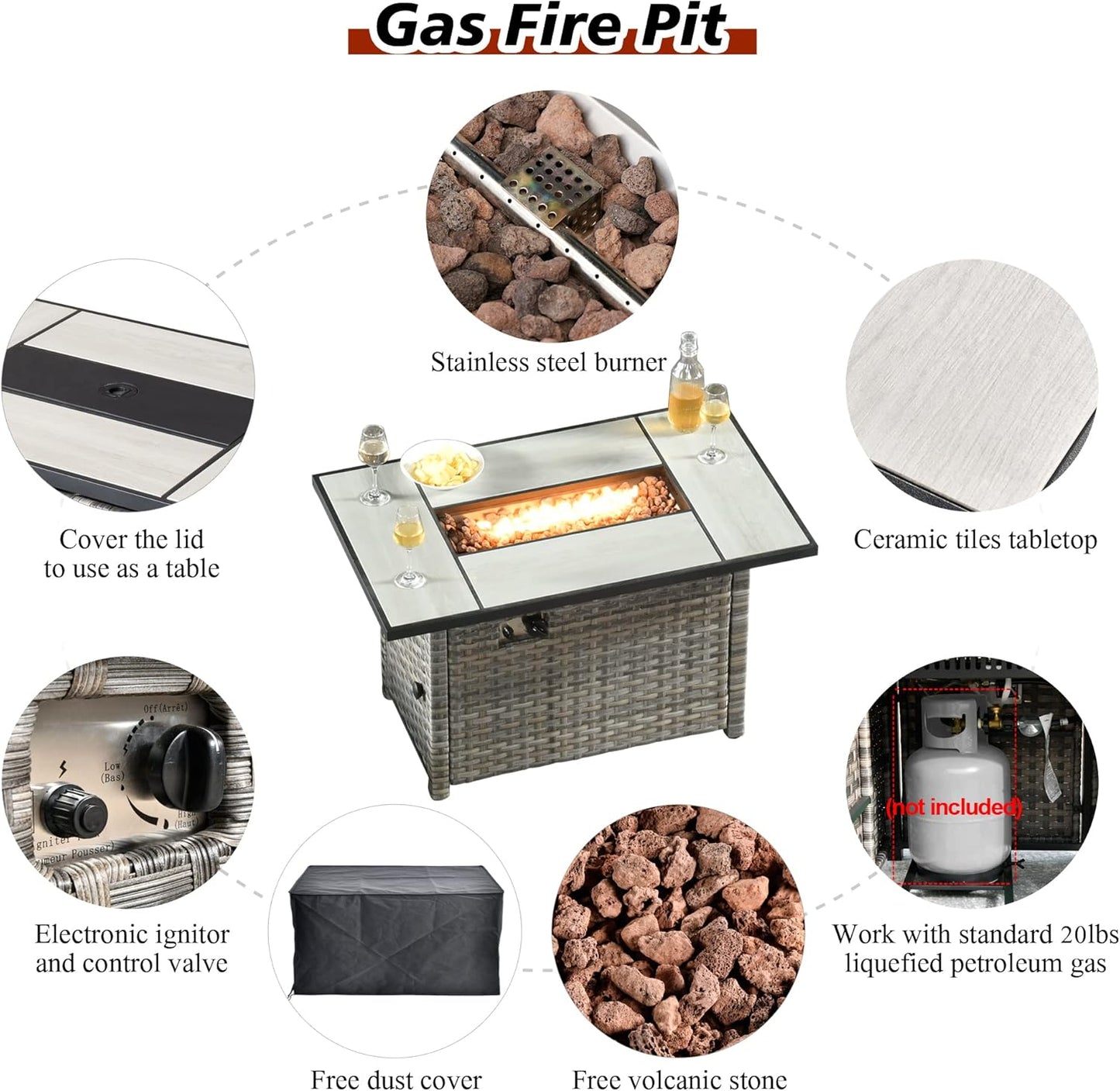 HOOOWOOO 13 Piece Modular Patio Outdoor Sectional Furniture Set with Gas Propane Fire Pit Table,Wicker Conversation Sofa Set,Out Door Couch Set with Wide Arm Outside(Orange Red)