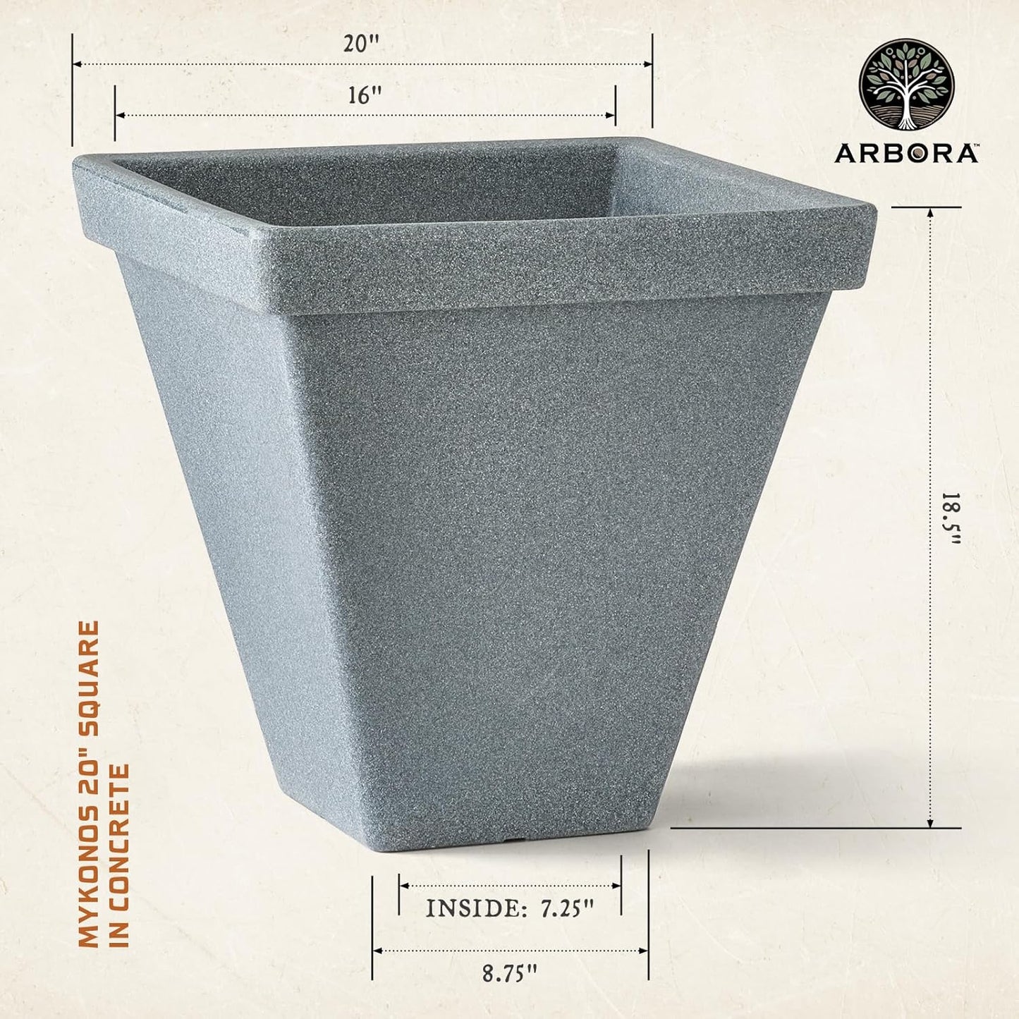 ARBORA 20" Mykonos Square Polyresin Indoor and Outdoor Planter with Stone Blend Concrete Finish - Durable, Weatherproof, Lightweight, Large Plant Pot for Patio, Garden, Deck, Entryway