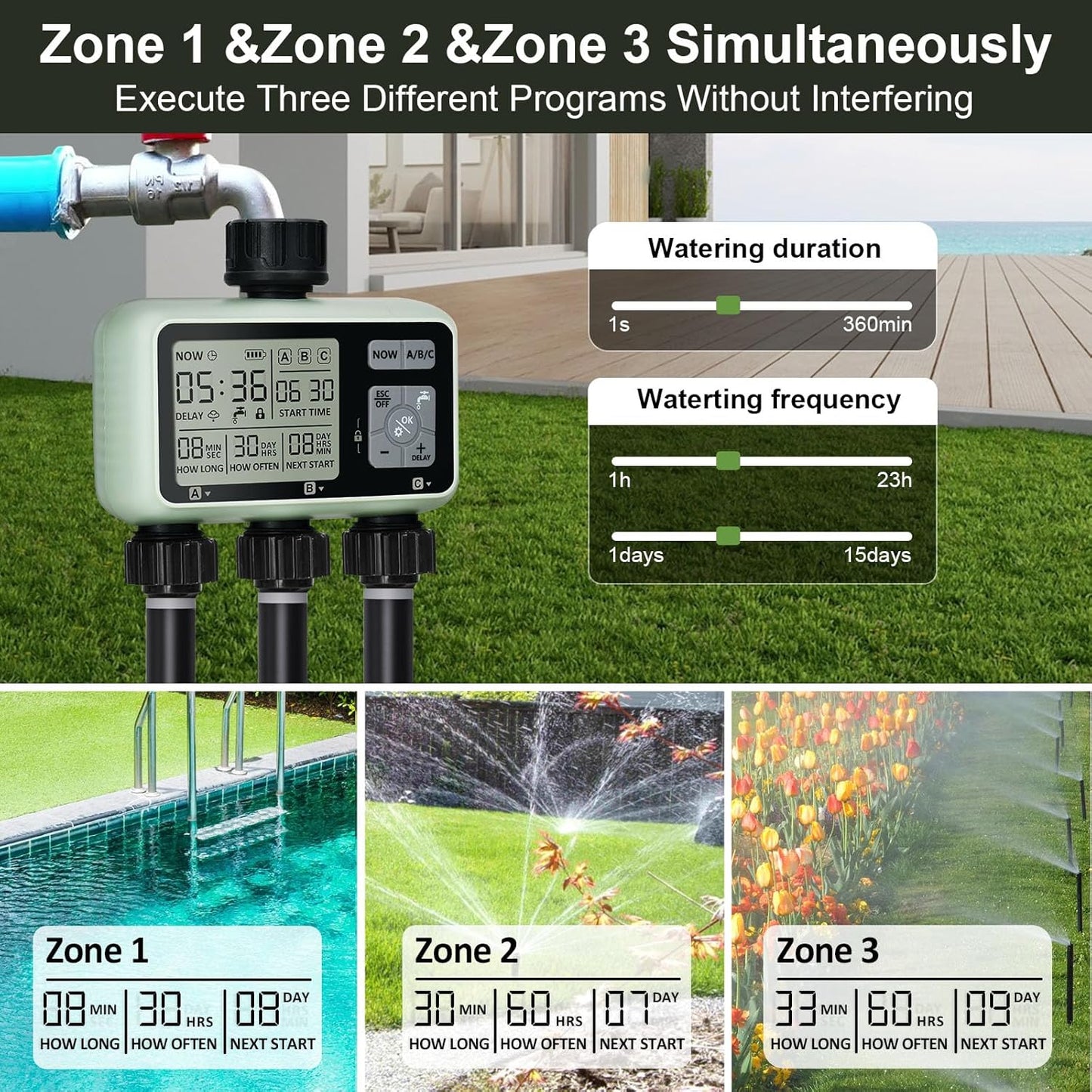 Watering Timer 3 Zone, Sprinkler Timer, Programmable Garden Outdoor Hose Faucet Timer with Rain Delay, Auto & Manual Watering System,Water Hose Irrigation Timers 3 Outlet for Garden