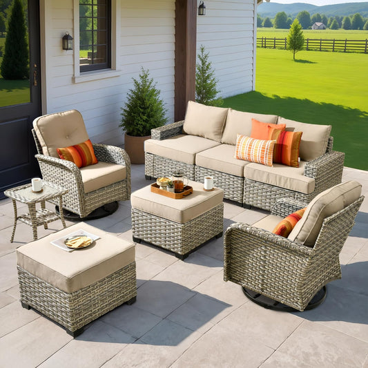 HOOOWOOO Outdoor Sectional Patio Furniture Set,8 Pieces Wicker Conversation Sets,Extra Deep Out Door Sofa Outside Furniture Couch with Swivel Chairs Ottoman,Beige