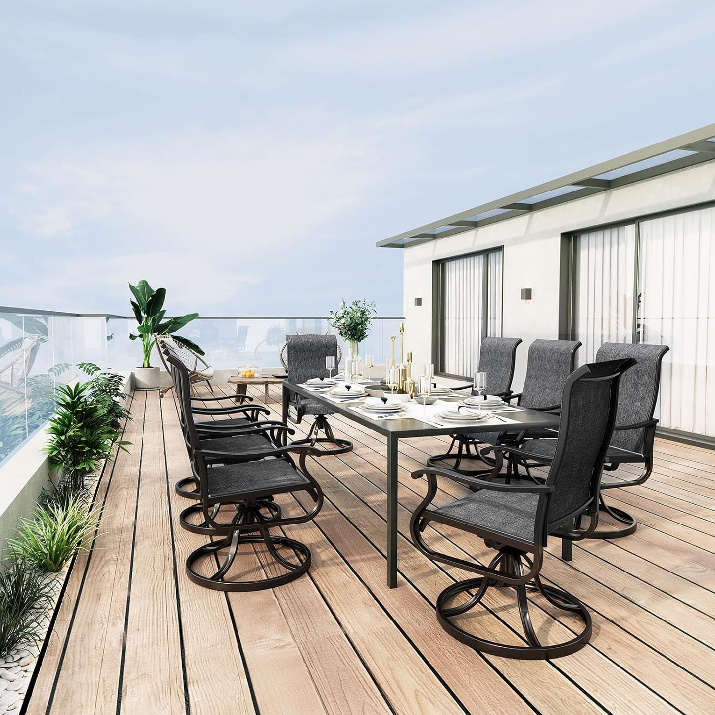Amopatio Patio Swivel Chairs Set of 8, Outdoor Swivel Rocker Dining Chairs with All Weather Textilene High Back & Metal Frame, for Backyard Deck Lawn Garden, Dark Grey