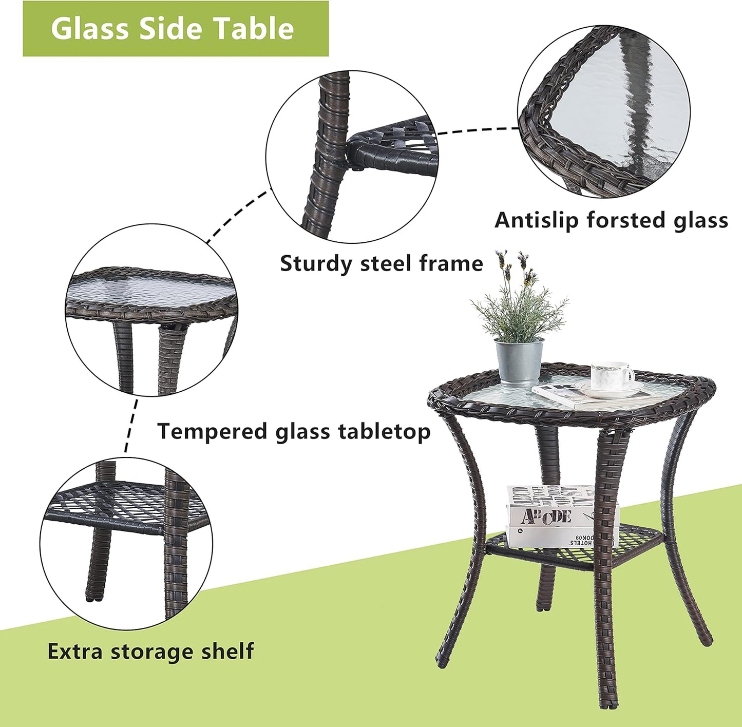 Patio Tables Wicker Side Table - Rattan End Table with Glass Top for Outdoor Outside Patio Porch Deck Square Brown