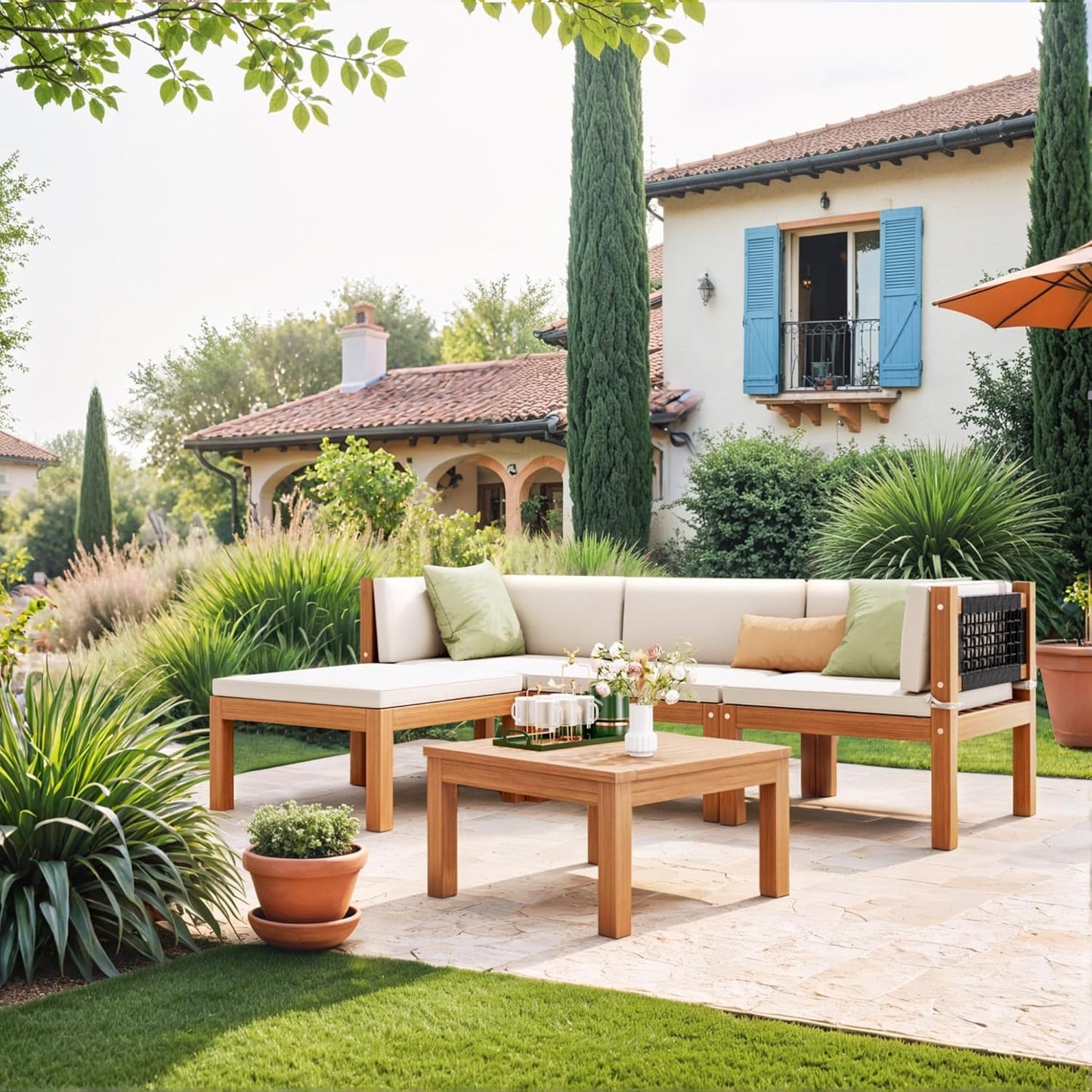 Devoko 5 Pieces Acacia Wood Outdoor Sectional Sofa Set with Coffee Table, Outdoor L-Shaped Couch with All-Weather Cushion for Patio