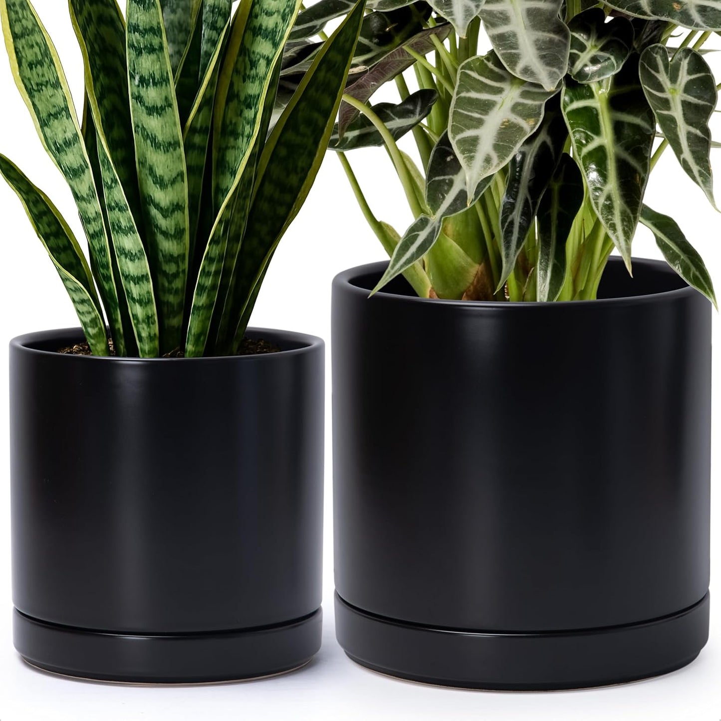 D'vine Dev 8 Inch & 10 Inch Ceramic Planter Pot for Plants with Drainage Hole and Saucer, Large Plant Pots Set, Black, 94-G-L-2