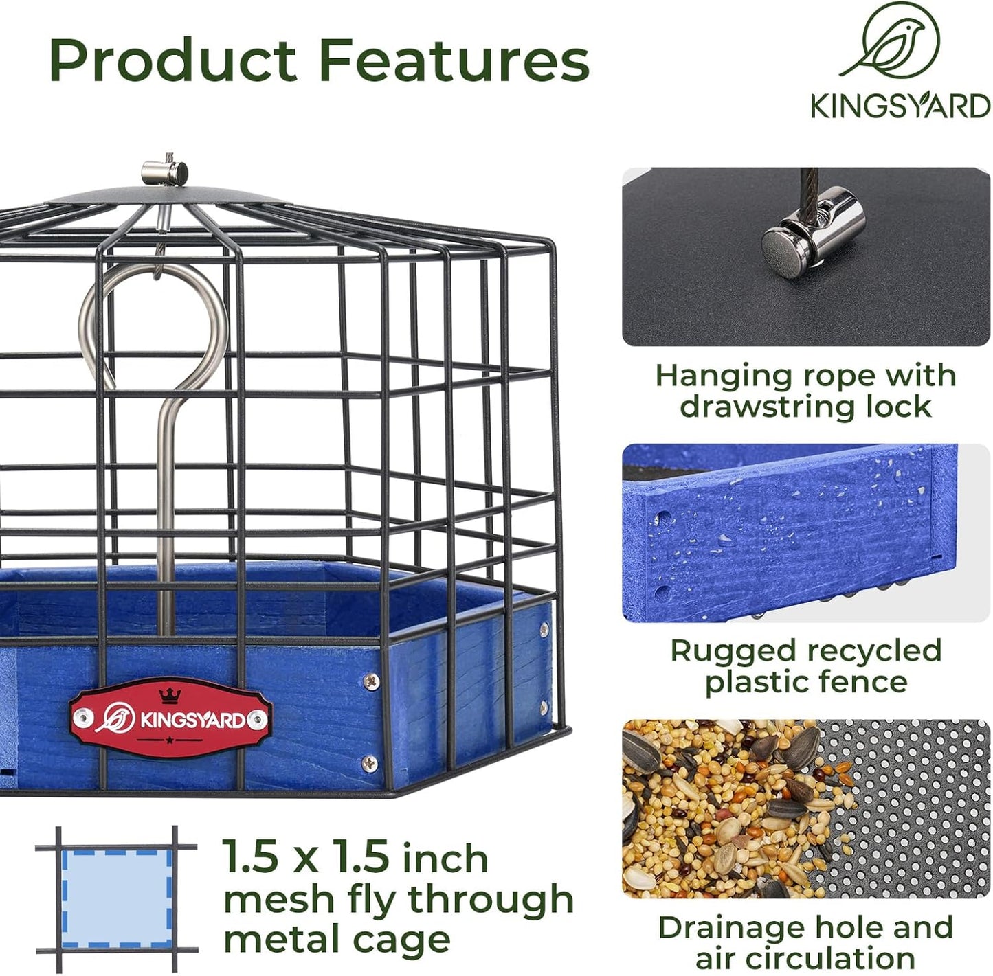 Kingsyard Squirrel Proof Platform Bird Feeder for Outdoor Hanging, Caged Bird Feeder for Bluebird Mealworm, Recycled Plastic Feeding Platform with Metal Mesh Tray, Special for Small Birds, Blue