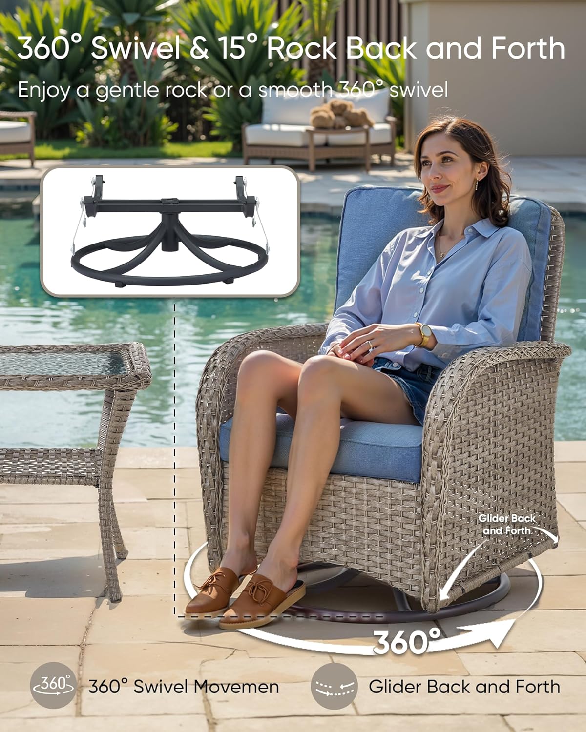 HUMMUH 3 Piece Outdoor Rocking Chairs Bistro Set-All Weather Wicker Outdoor Swivel Chairs Set of 2 with Side Table Small Patio Furniture Set for Deck Lawn Porch Balcony Poolside-Grey/Blue