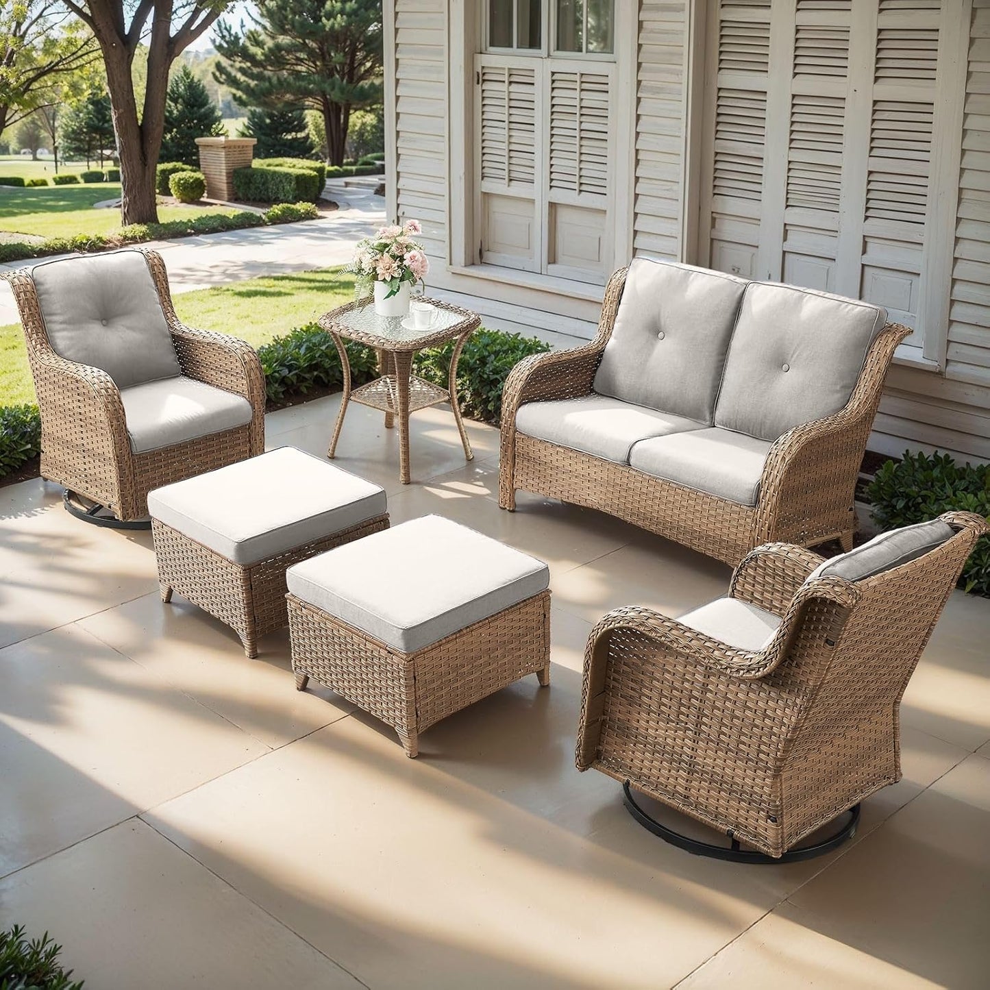 Outdoor Wicker Patio Furniture Set - 6 Piece Rattan Patio Conversation Set with 2 Rocking Swivel Chairs,2 Ottomans,1 Loveseat and 1 Side Table for Porch Deck Backyard Garden(Yellow/Beige)