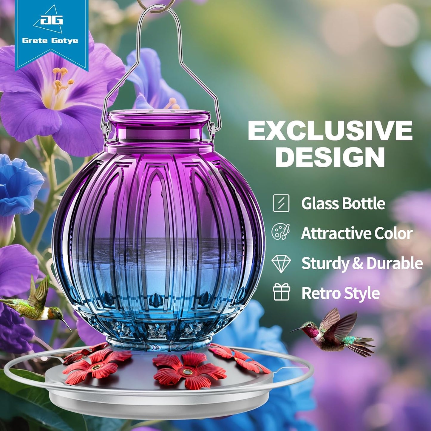 Glass Hummingbird Feeder for Outdoors Hanging, 26Oz Bird Nectar Feeder with Perch & 5 Flower Feeding Ports, Leak Proof for Outside Garden Decor Backyard, Gifts for Women Mom, Purple Blue