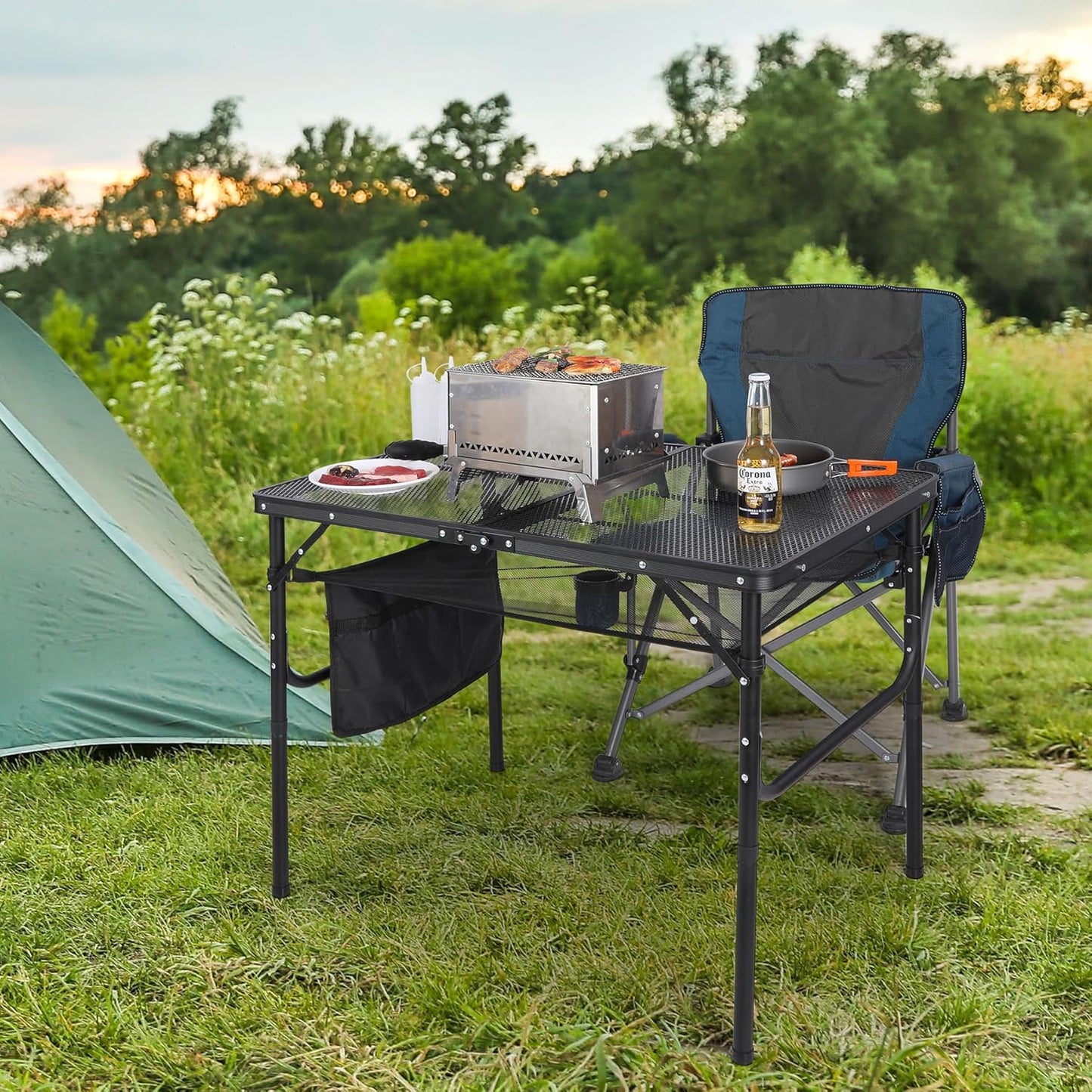 REDCAMP 36x24 Folding Grill Table for Outside, Lightweight Portable Metal Aluminum Outdoor Grill Table with Adjustable Height Legs, Great for Camping Picnic Cooking BBQ, Black 3ft