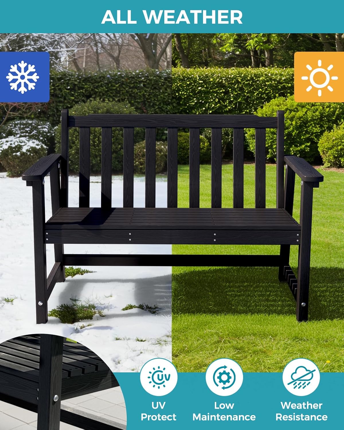 Outdoor Bench, 2-Person HDPE Garden Bench, All Weather Poly Patio Bench for Outdoors, Garden, Backyard, Porch and Park, 550 lbs Weight Capacity, Black