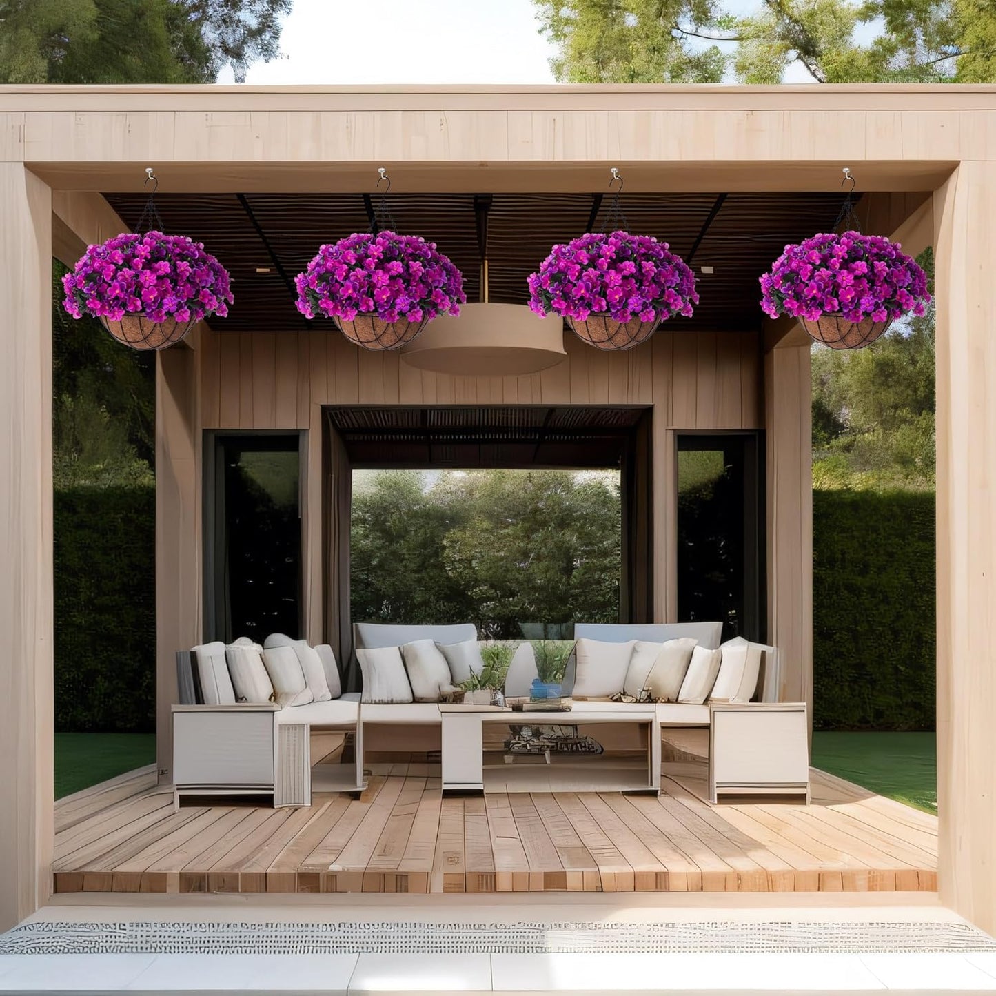 Artificial Hanging Flowers with 12" Basket Outdoor Spring Summer Decor, Fake Hydrangea UV Resistant Arrangements in Pot Planter Decor for Indoor Porch Garden Yard(Double Lotus)