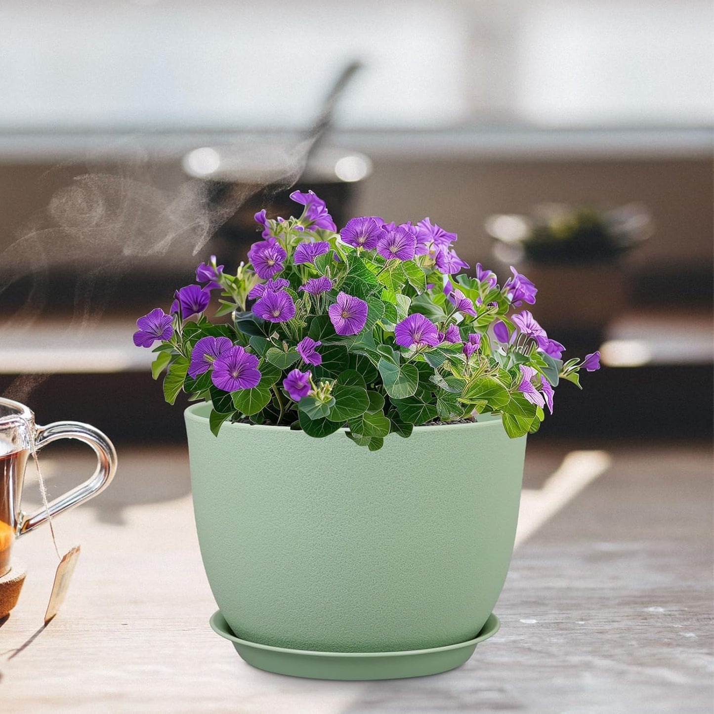 12 inch Big Plant Pots, Plastic Planters with Drainage Holes and Trays, Flower Pots for Indoor Outdoor Plants, Modern Decorative Pots for Garden House Plants, Green