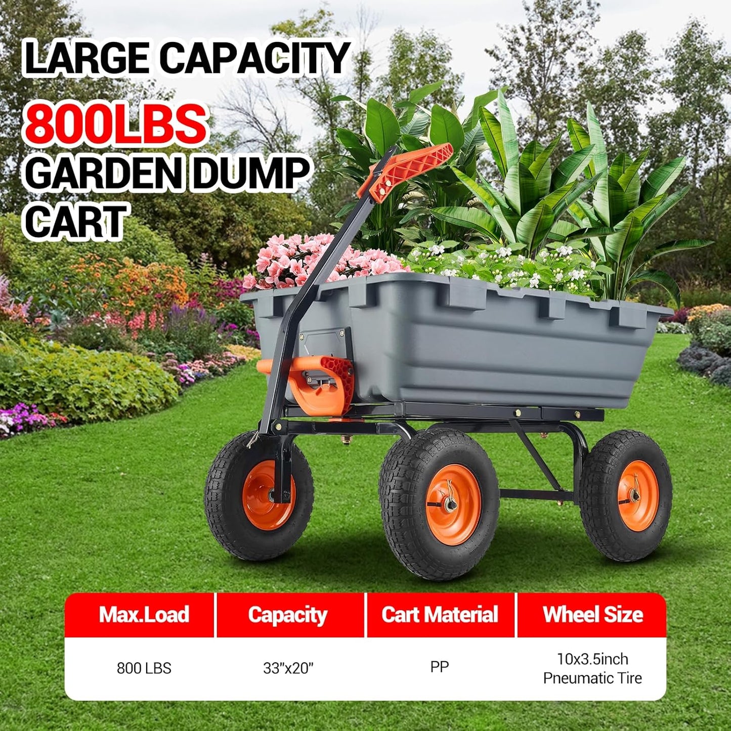 800 Lbs Garden Dump Carts, Heavy Duty Yard Cart, 4 Wheel Wheelbarrow with 10in Tires, Steel Frame and Quick Release System for Plants, Soil, Sand, in Courtyard, Beach, Farm(Gray)