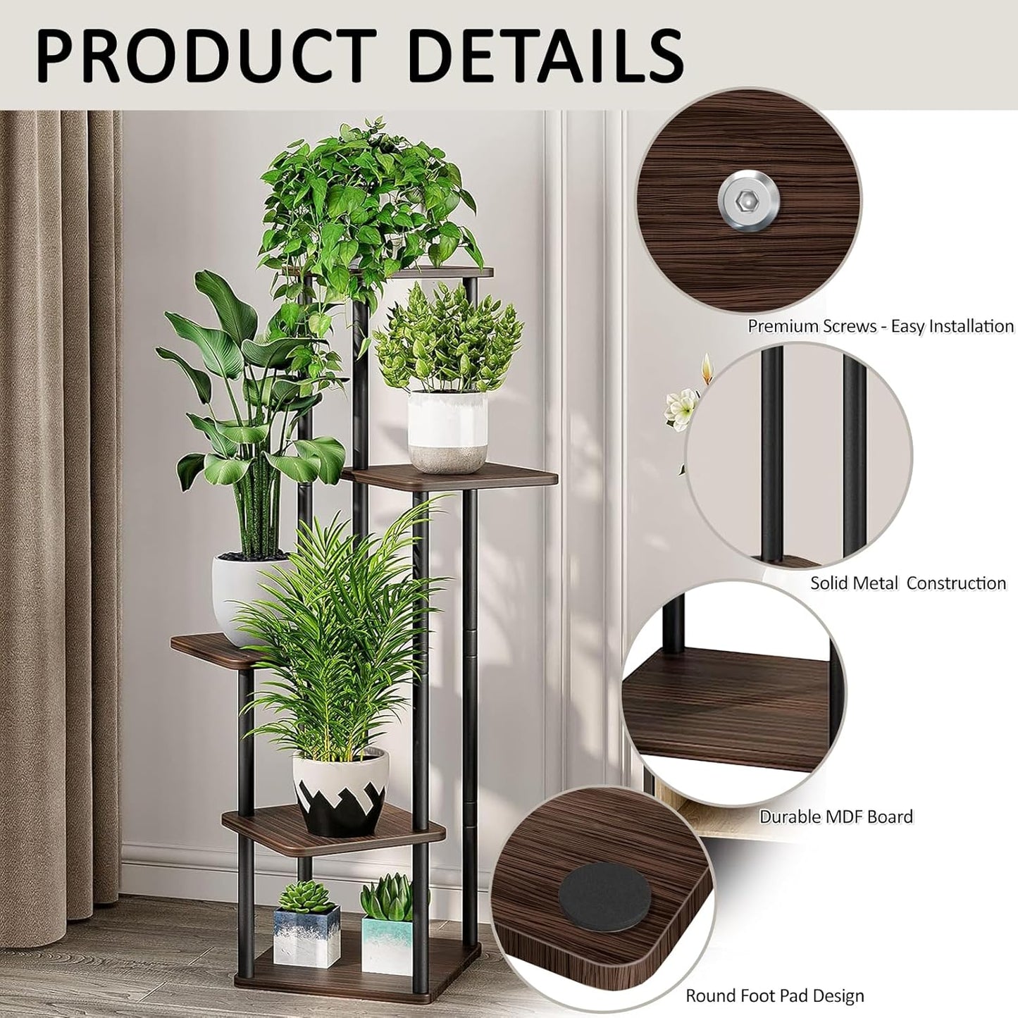 5 Tier Wood Tall Plant Stand Metal Rack Indoor, Multiple Flower Pot Holder Shelves Corner Rack, Planter Shelf Display Rack Storage Organizer for Patio Living Room Balcony Garden(Black Oak)