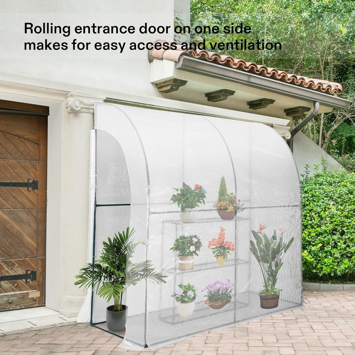 VIVOSUN Mini Lean-to Greenhouse, 6.6’ x 3.3’ x 6.9’ Portable Wall House with White PE Cover and Shelf for Compact Garden 79x39x83-Inch