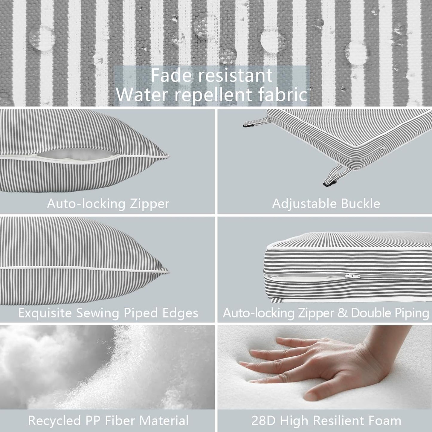 LVTXIII Outdoor Seat and Back Cushion Patio Deep Seat Cushion Set Seasonal Chair Cushion for Wicker Chairs and Garden Furniture Decoration, 24"x24"x4", Strip Grey