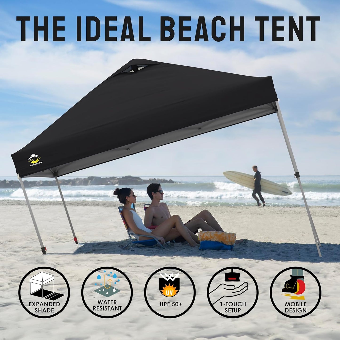 CROWN SHADES 10x10 Pop Up Canopy Tent - Patented Center Lock One Push Instant Outdoor Canopy Beach Tent with STO-N-Go Bag 8 Stakes & 4 Sand Bags，Black