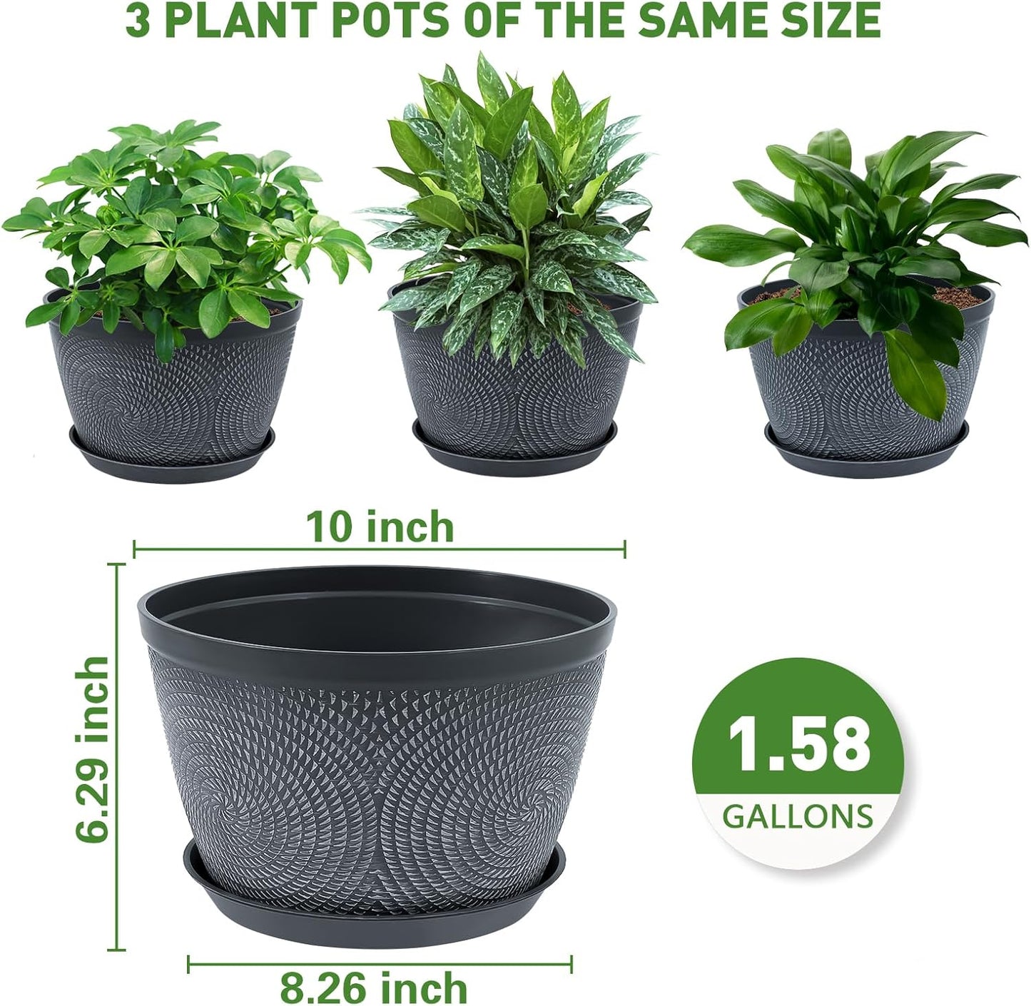 Quarut 10 Inch Flower Pots Planters for Outdoor Indoor, 3 Pack Plastic Plant Pots with Drainage Hole & Tray, Modern Decorative Garden Pot with Saucer, planters for House (Gray)