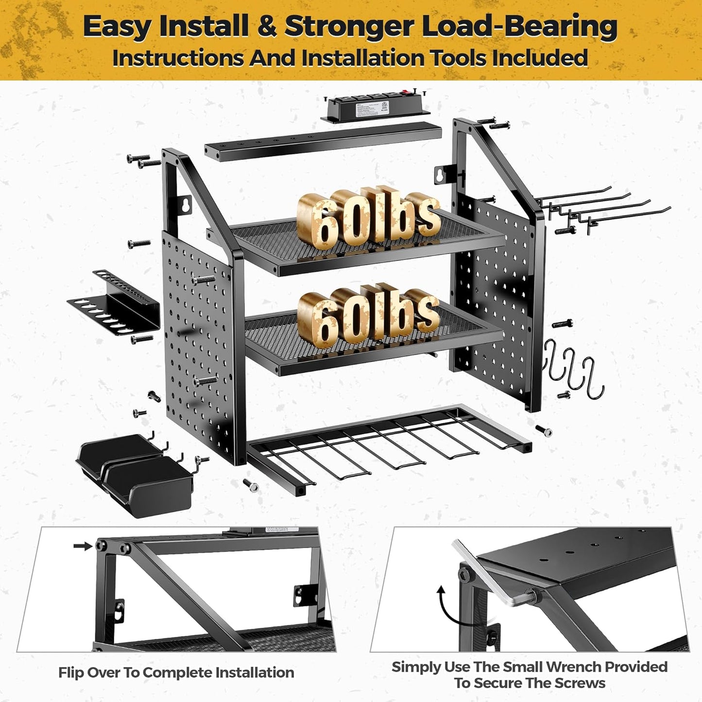 LBT Heavy Duty Metal Power Tool Organizer Wall Mount with 4 Outlet Charging Station & Drill Holder, 4 Layer Garage Storage Rack 120LB, Gift for Men Dad Husband (Workshop, Anniversary, Father's Day)
