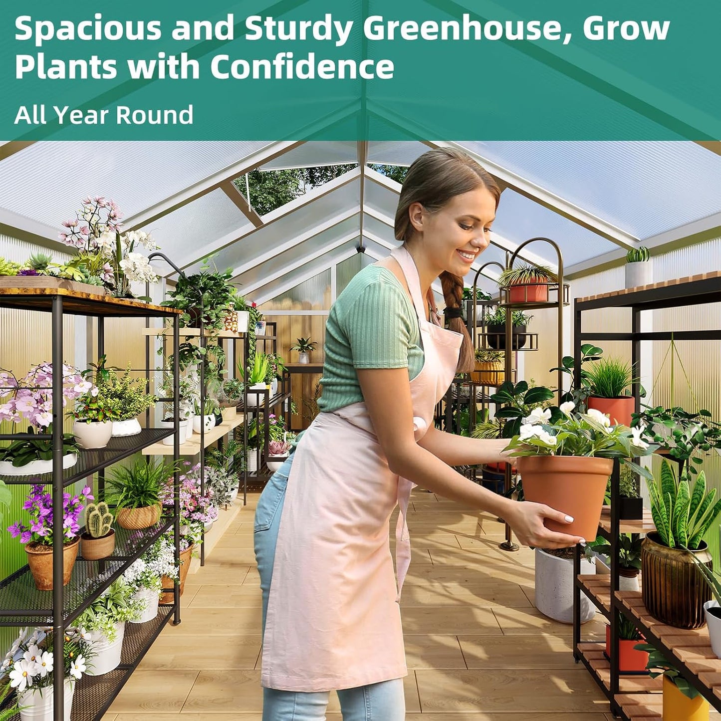 8x12 FT Greenhouse, Large Aluminum Greenhouses for Outdoors, Heavy Duty Polycarbonate Greenhouse with Roof Vent, Walk-in Green Houses for Winter Garden, Backyard, Patio, Lawn, Easy Assembly