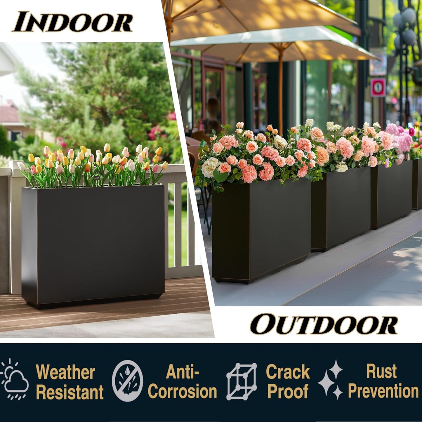 Metallic Heavy Outdoor Planter Box, Span Planter, Long and Tall Divider, 30Lx10Wx24H, Black with Gold Rim, 30.8 Pounds