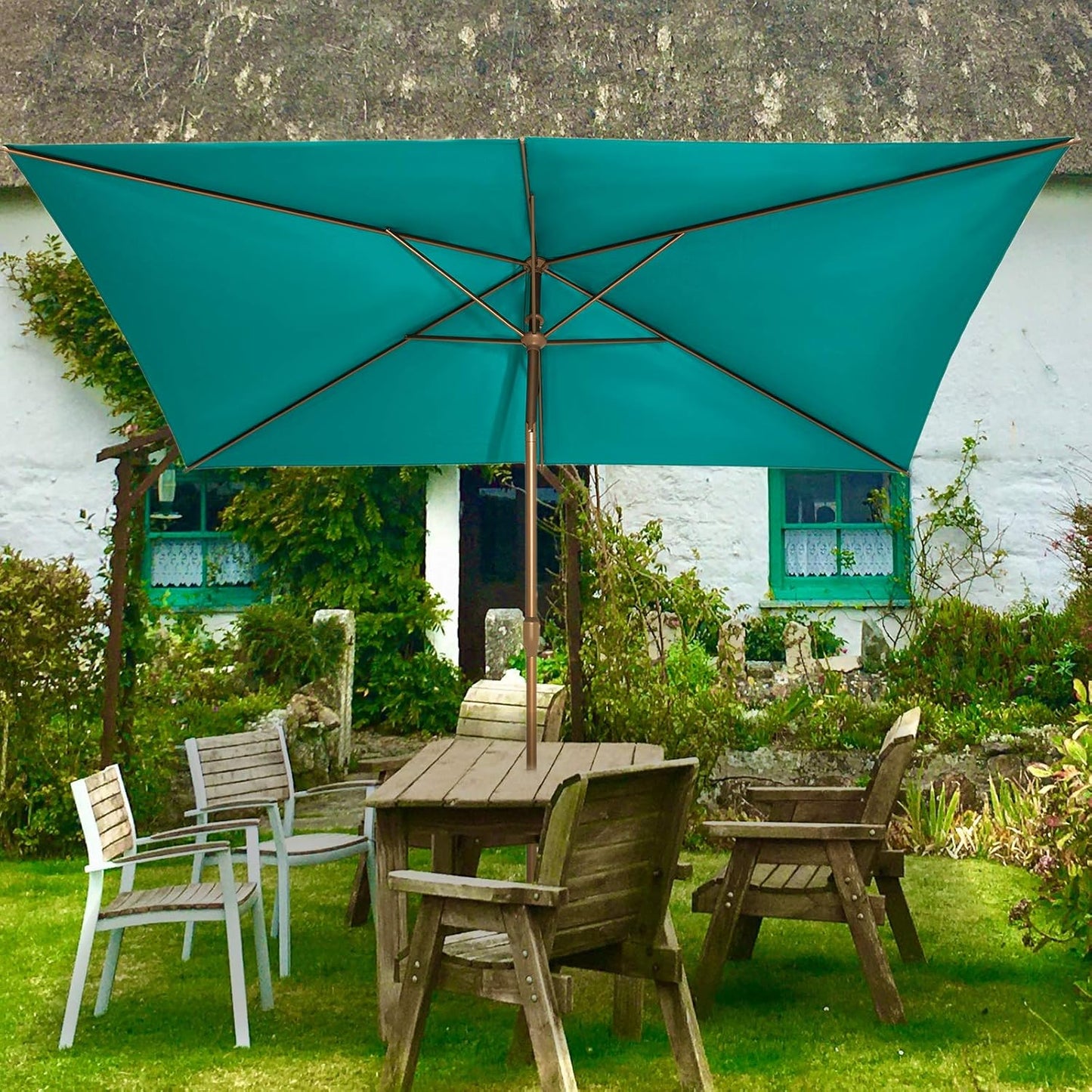 Ogrmar 6.5x10ft Patio Umbrella Rectangular Outdoor Table Umbrella with Crank & Push Button Tilt for Terrace, Backyard, Garden, Courtyard, Swimming Pool, Lawn (Turquoise)