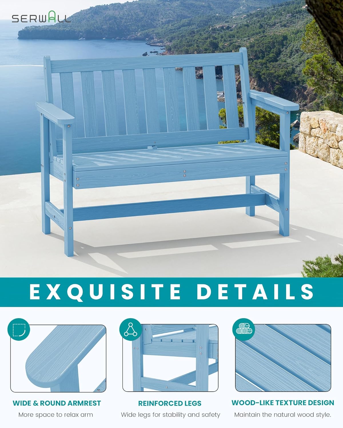 SERWALL Outdoor Bench, HDPE Outdoor Benches Weatherproof, 2-Person Garden Bench with 660 lbs Weight Capacity, Patio Benches for Outdoors, Garden, Porch, Backyard and Park, Light Blue