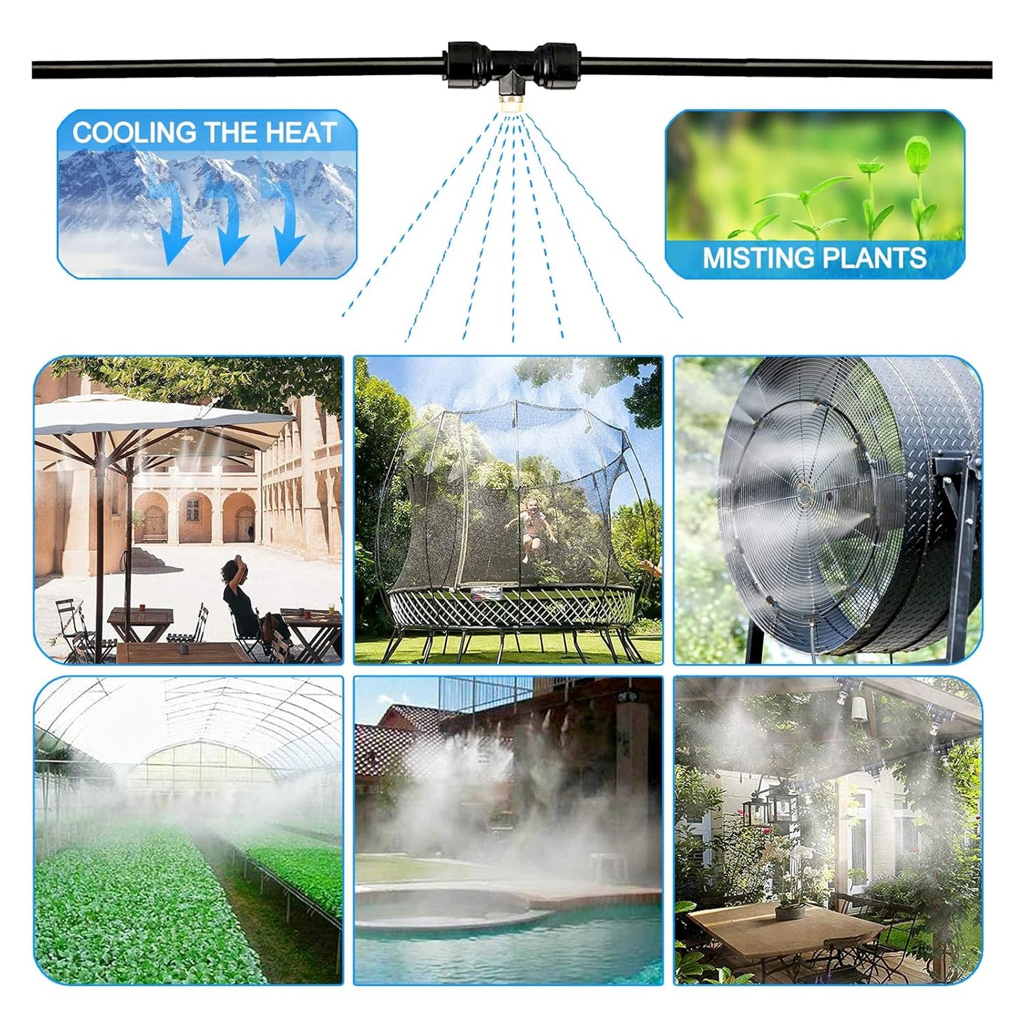 Misting Systems, Misters for Outside Patio, 100FT Misting Cooling System+30 Brass Mister System+2 PE Antioxidant Adapters 3/4"+2 Tee Adapters+2 90 Degree Elbows for Pasture, Garden, Greenhouse, Gazebo
